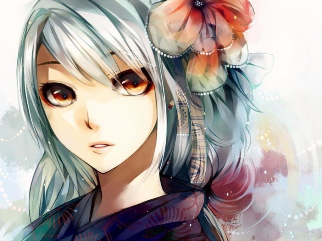 Ragazza anime capelli grigi fiore, 1024x768 HD, PC Desktop