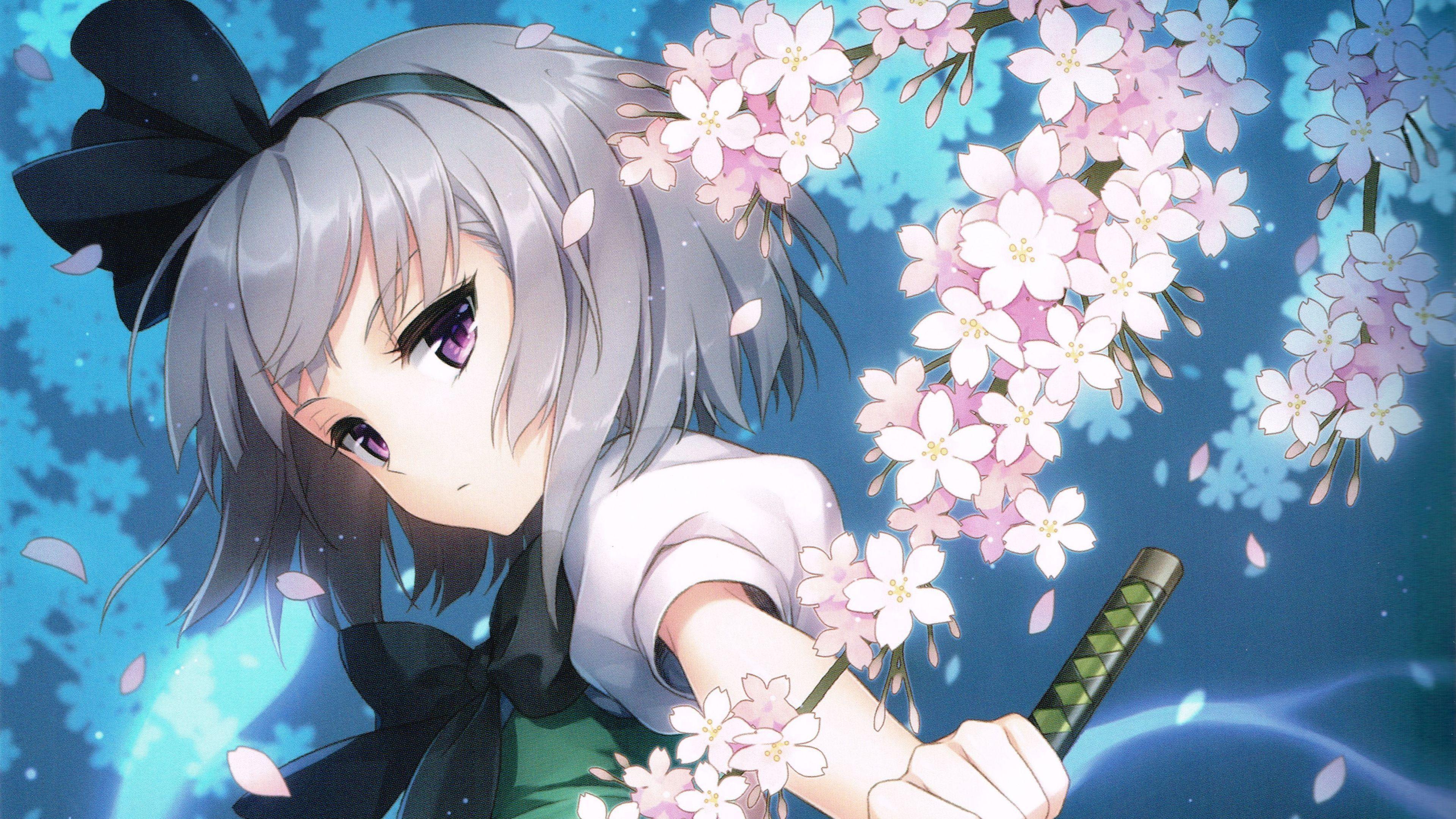 Ragazza anime con katana e sakura, 3840x2160 Ultra HD, Monitor 4K