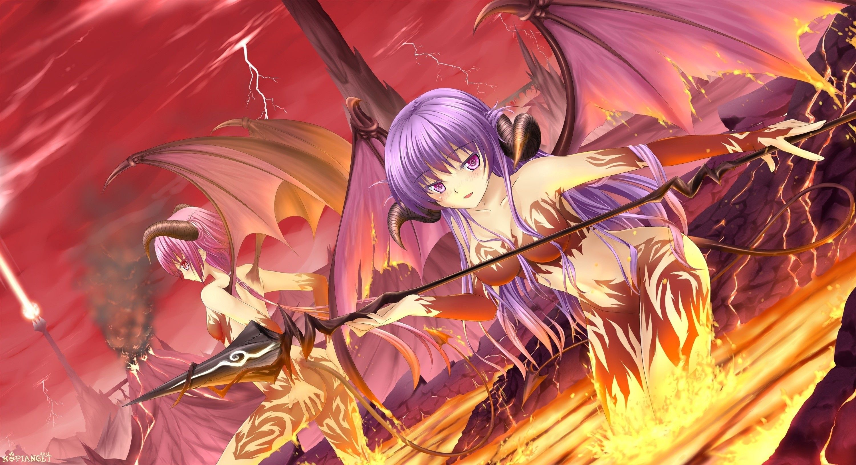 Ragazza demone anime con lancia, 3000x1631 WQXGA, PC