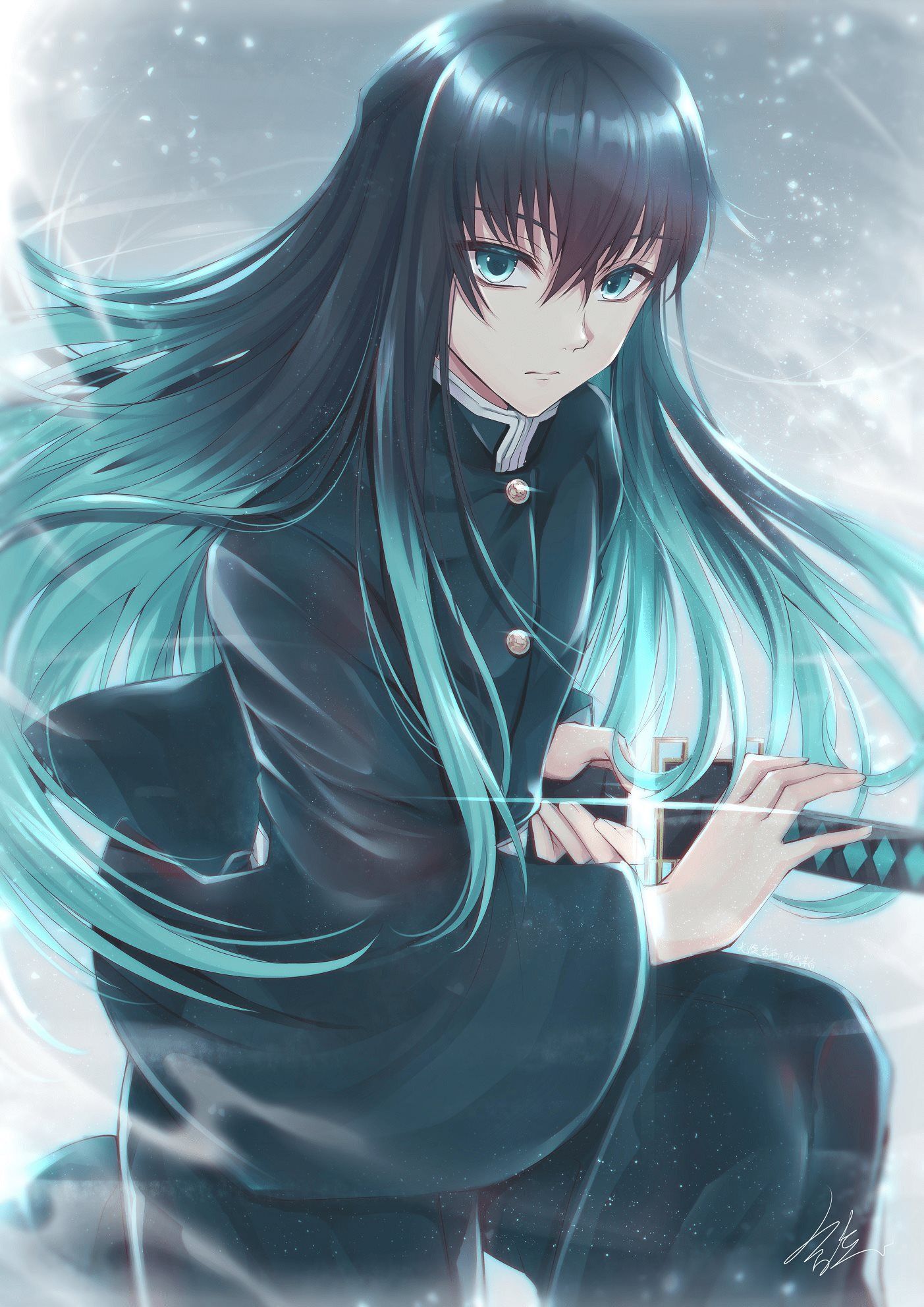 Ragazza demone capelli verdi katana, 1403x1984 Verticale, Telefono