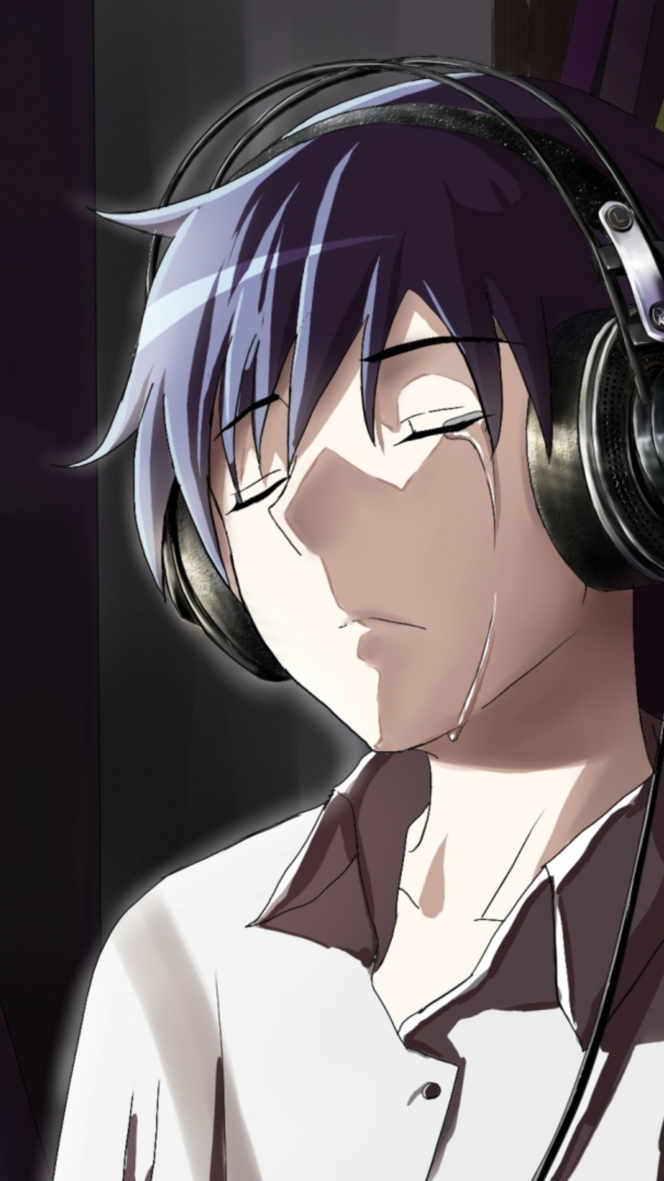 Ragazzo anime piange con cuffie, 2160x3840 Verticale, Mobile