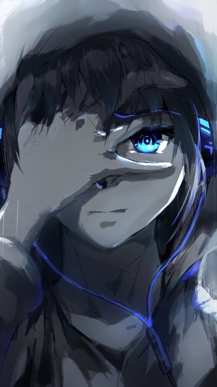 Ragazzo anime felpa cuffie blu, 750x1334 Verticale, Mobile