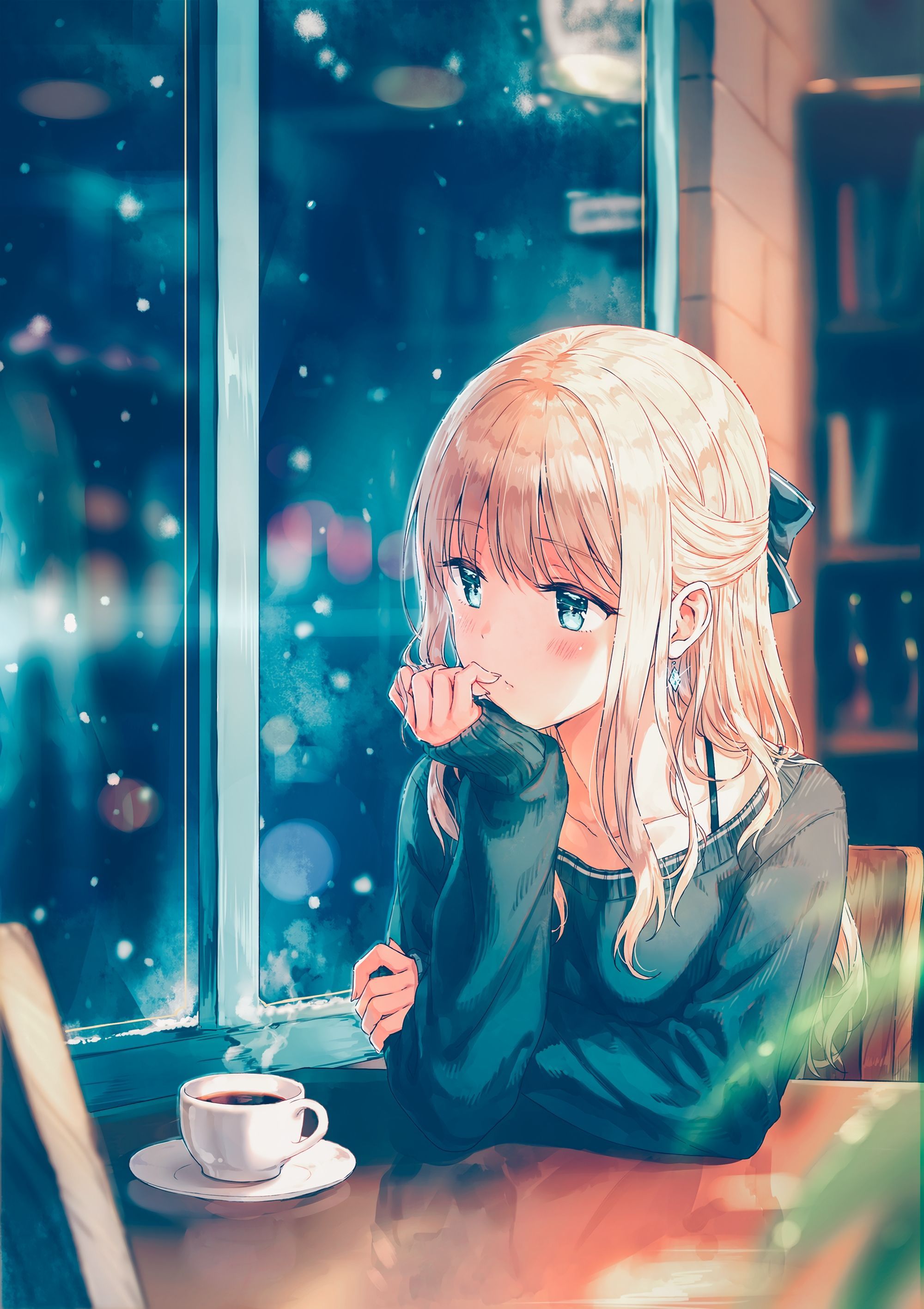 Ragazza anime al caffè, 2000x2830 Verticale, Mobile