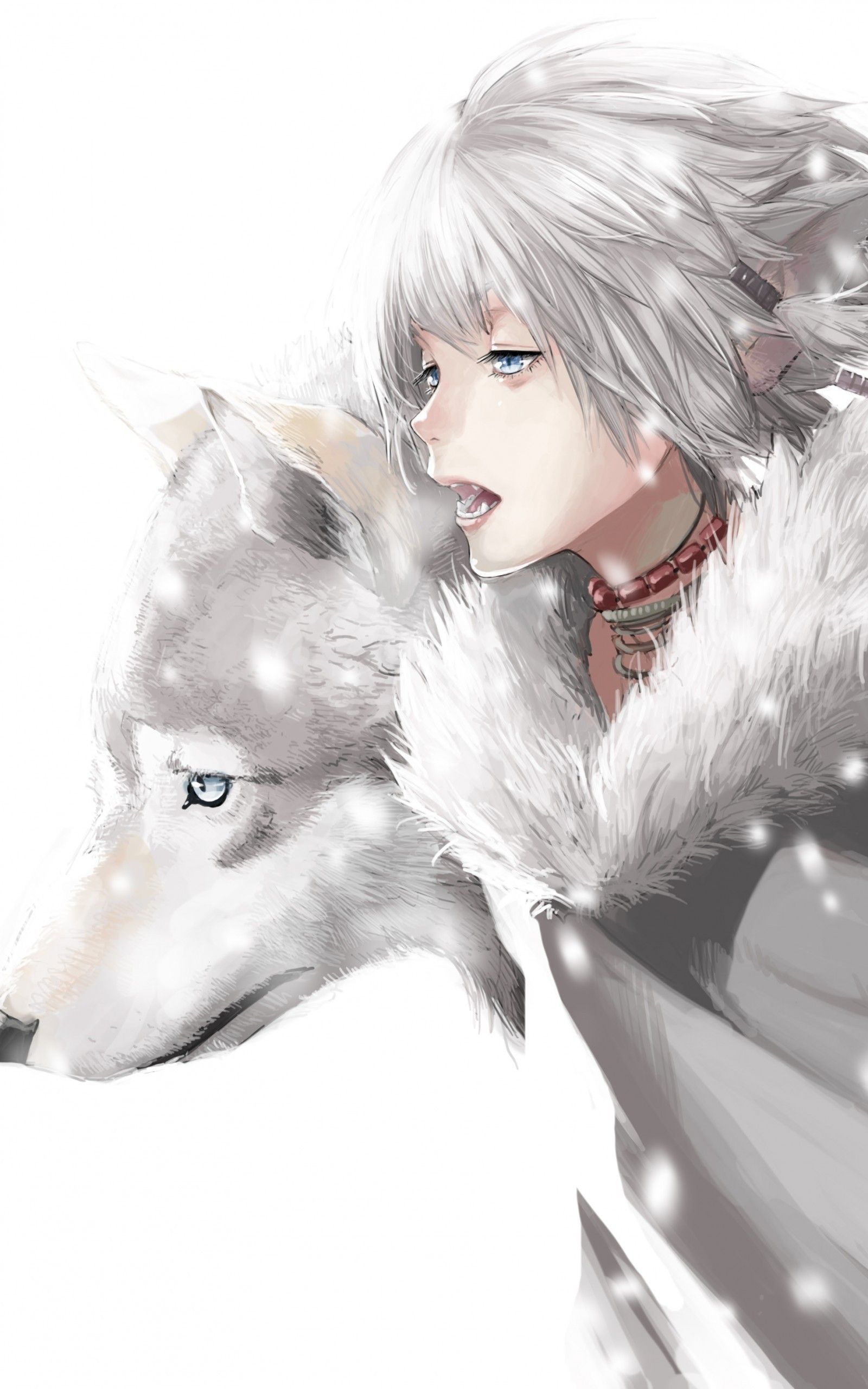 Ragazzo anime con lupo bianco, 1600x2560 Verticale, Mobile