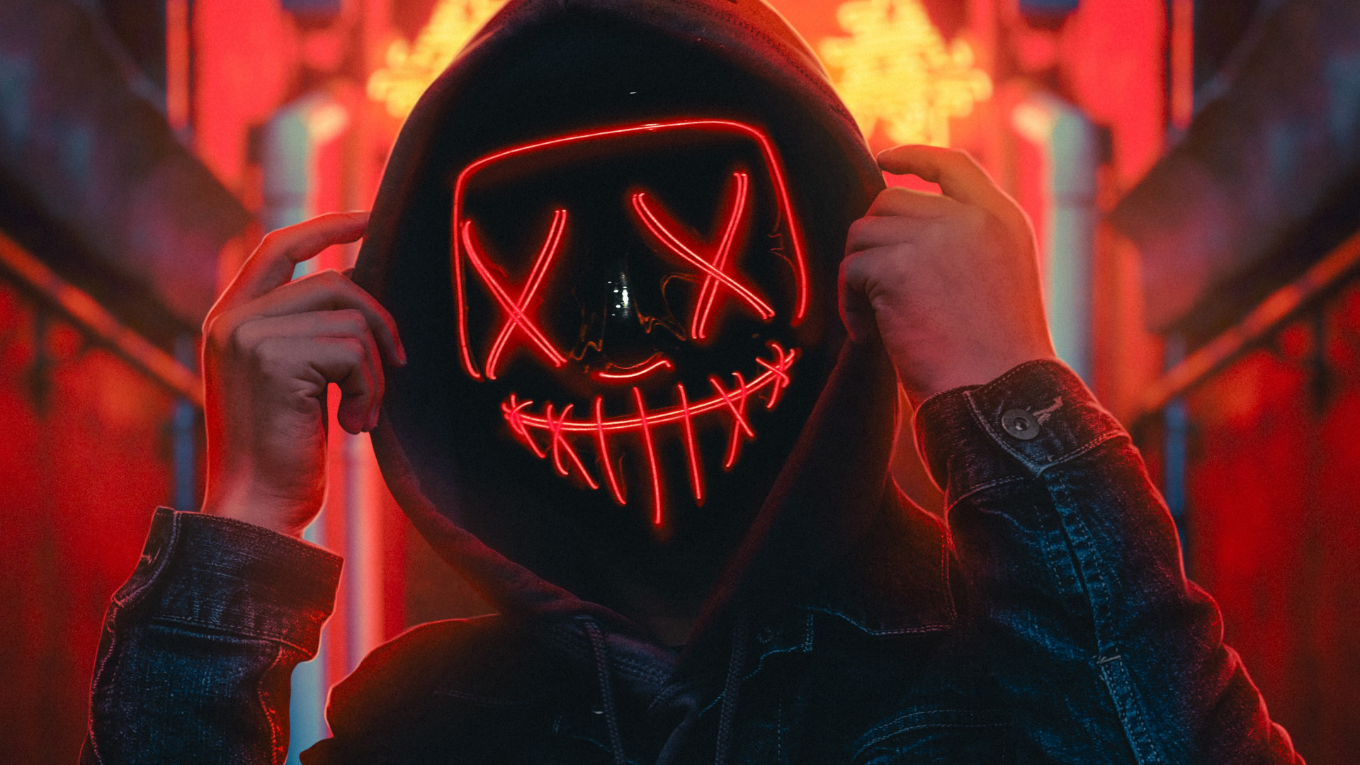 Maschera neon rossa incappucciata, 1920x1080 1080p, Desktop