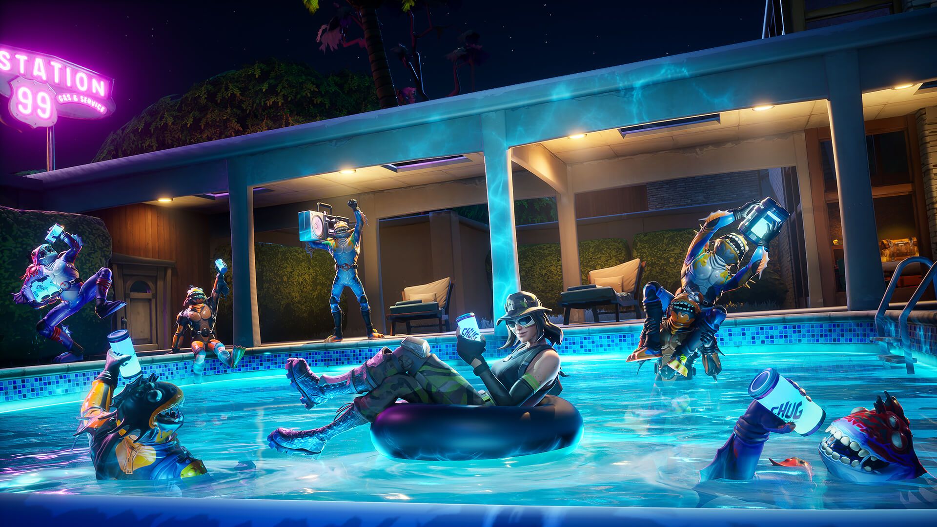 Personaggi Fortnite in piscina, 1920x1080 Full HD, Desktop