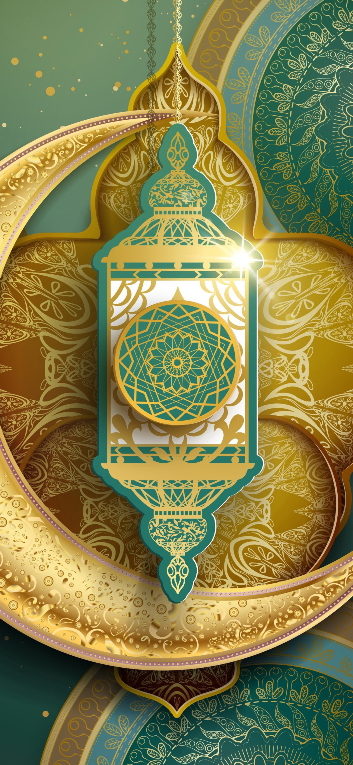 Lanterna dorata Ramadan verde-oro, 1170x2532 Verticale, Telefono