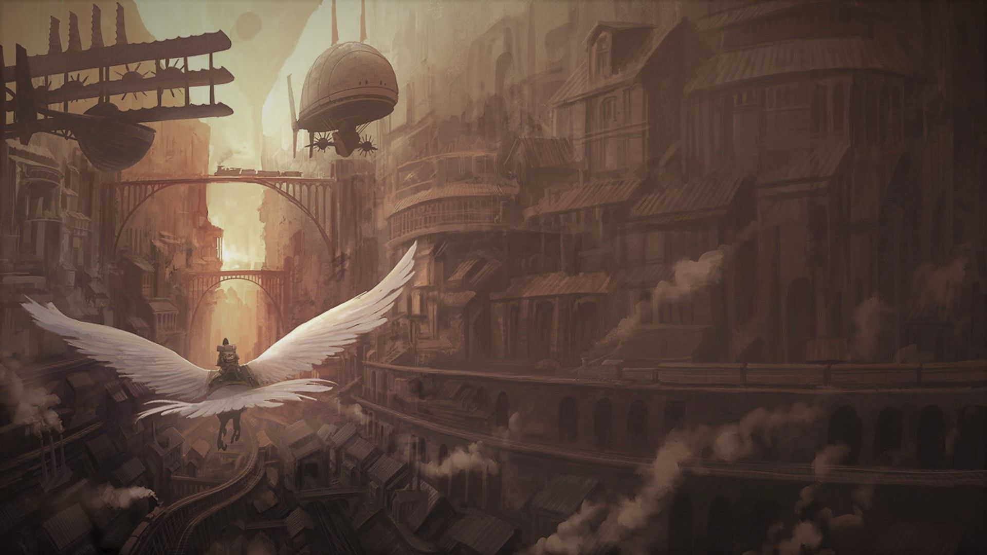 Città steampunk con dirigibile e uccello, 1920x1080 Full HD 1080p, Desktop