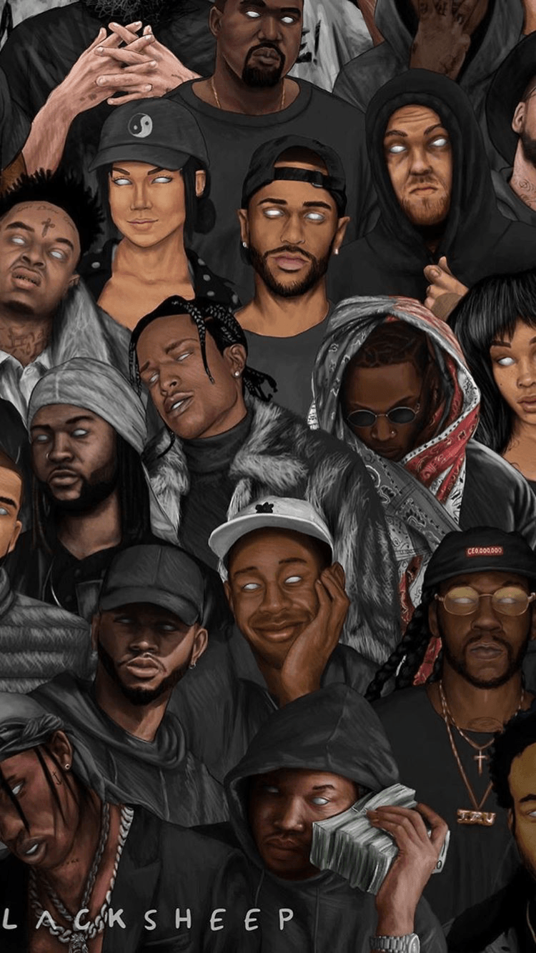 Collage ritratti rapper illustrati, 750x1334 Full HD Verticale, Smartphone