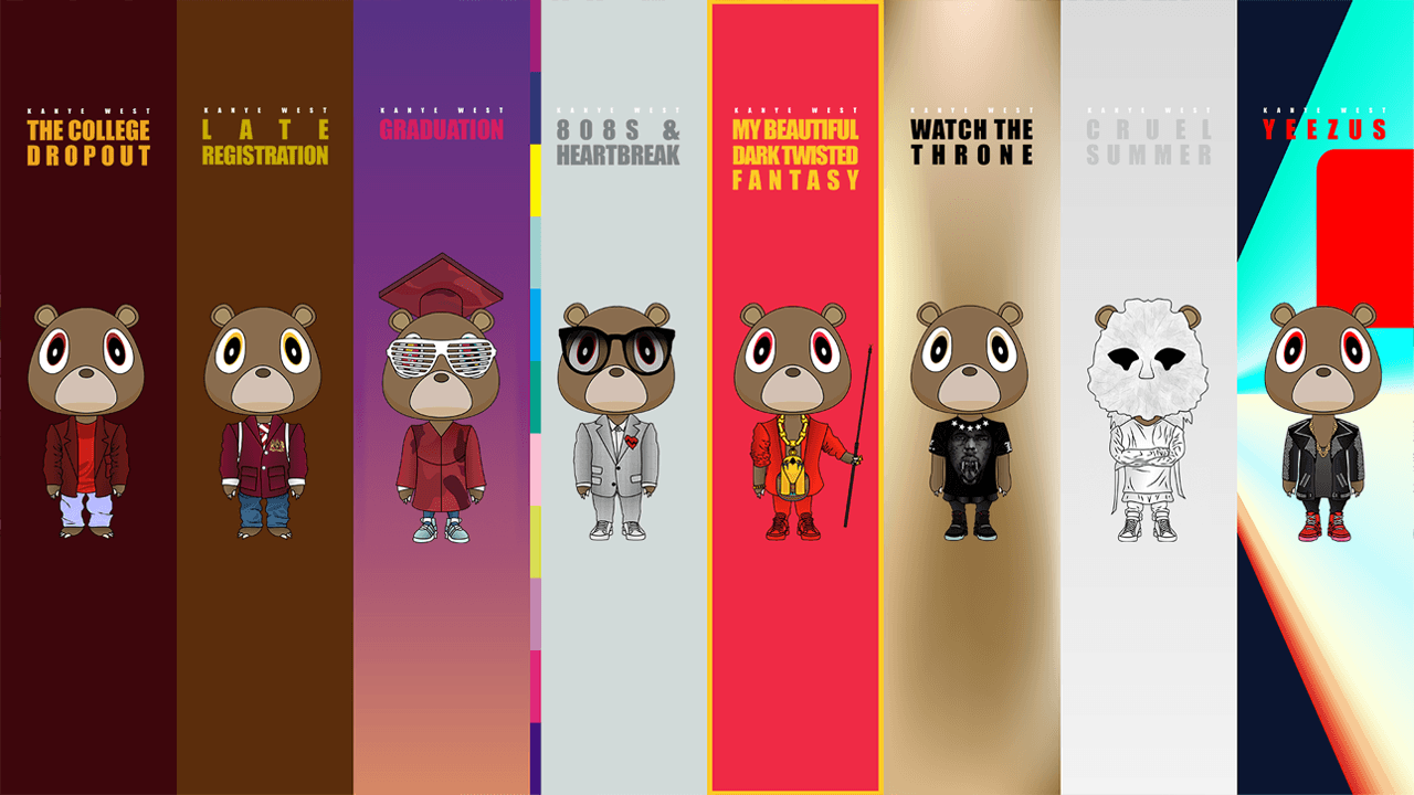 Kanye West orsetti album collage, rapper, 1280x720 HD, Desktop