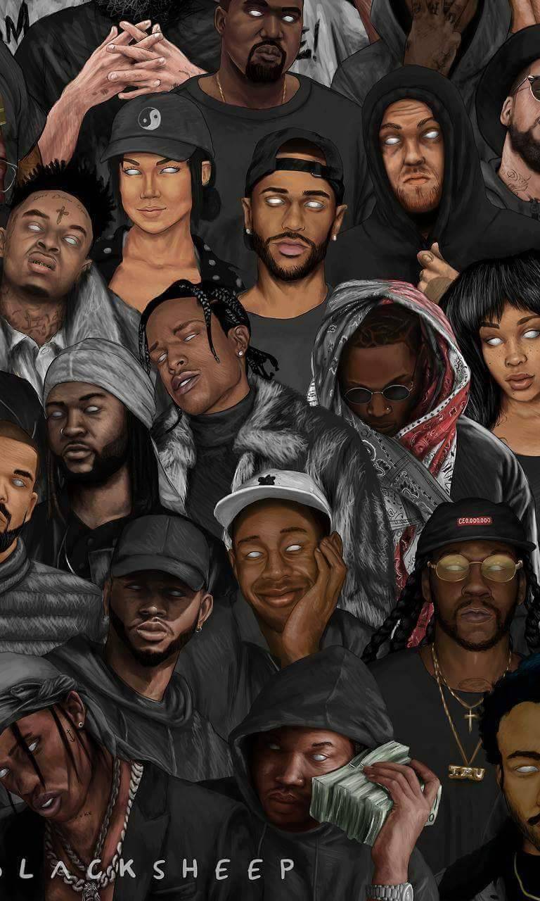 Collage rapper illustrati, tonalità scure, 768x1280 Verticale, Android