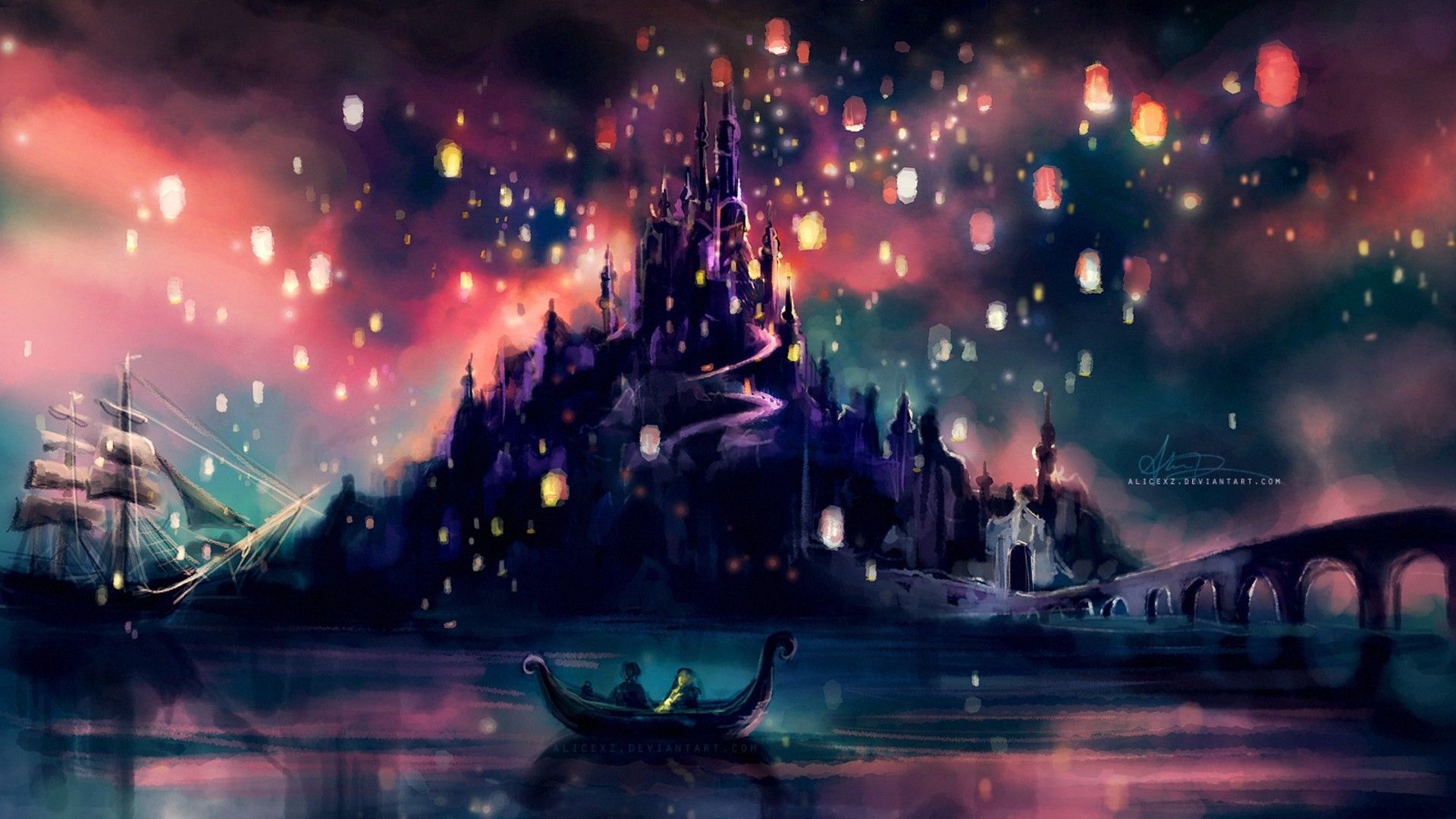 Rapunzel castello lanterne notte, 1920x1080 Full HD 1080p, PC Desktop