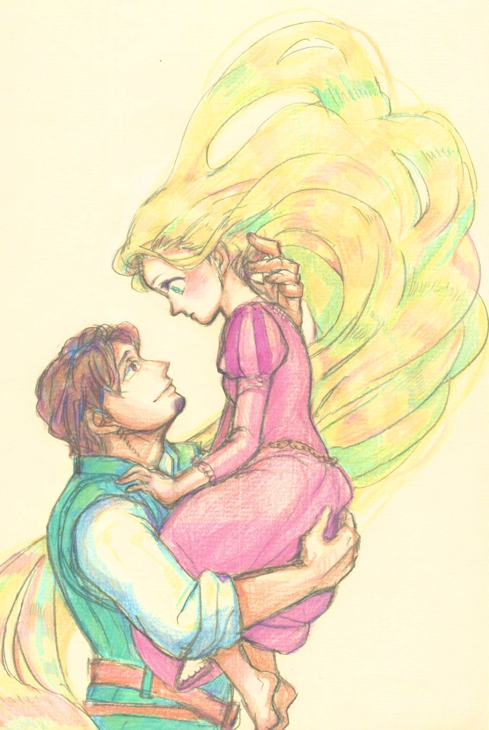 Rapunzel e Flynn, disegno colorato, 968x1443 Verticale, Telefono