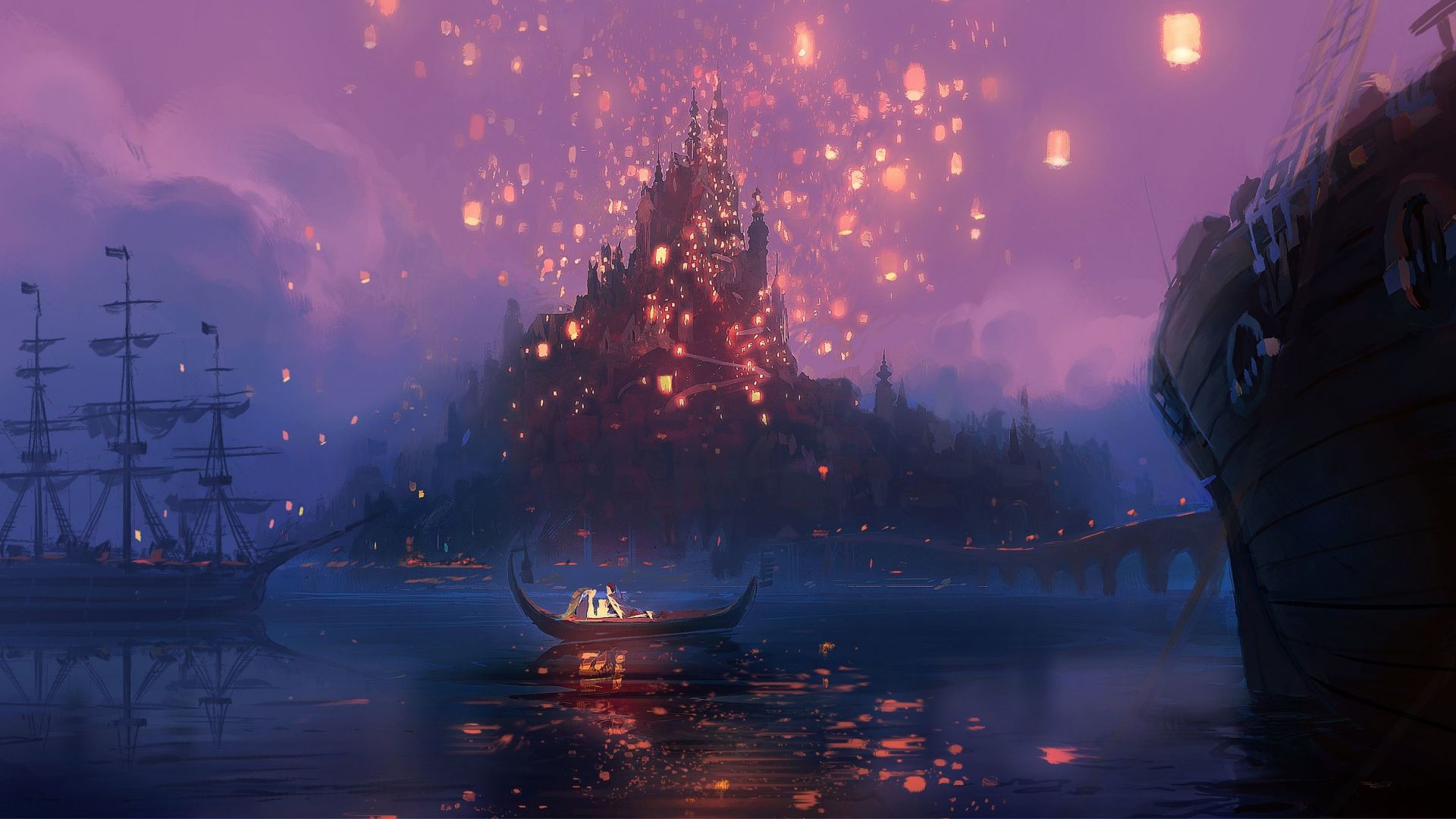 Rapunzel castello lanterne barca, 1920x1080 1080p, Desktop