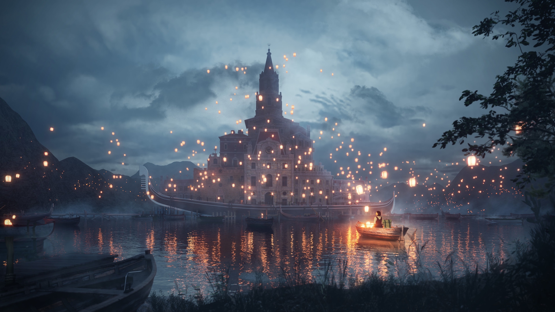 Castello con lanterne volanti, 1920x1080 Full HD 1080p, PC