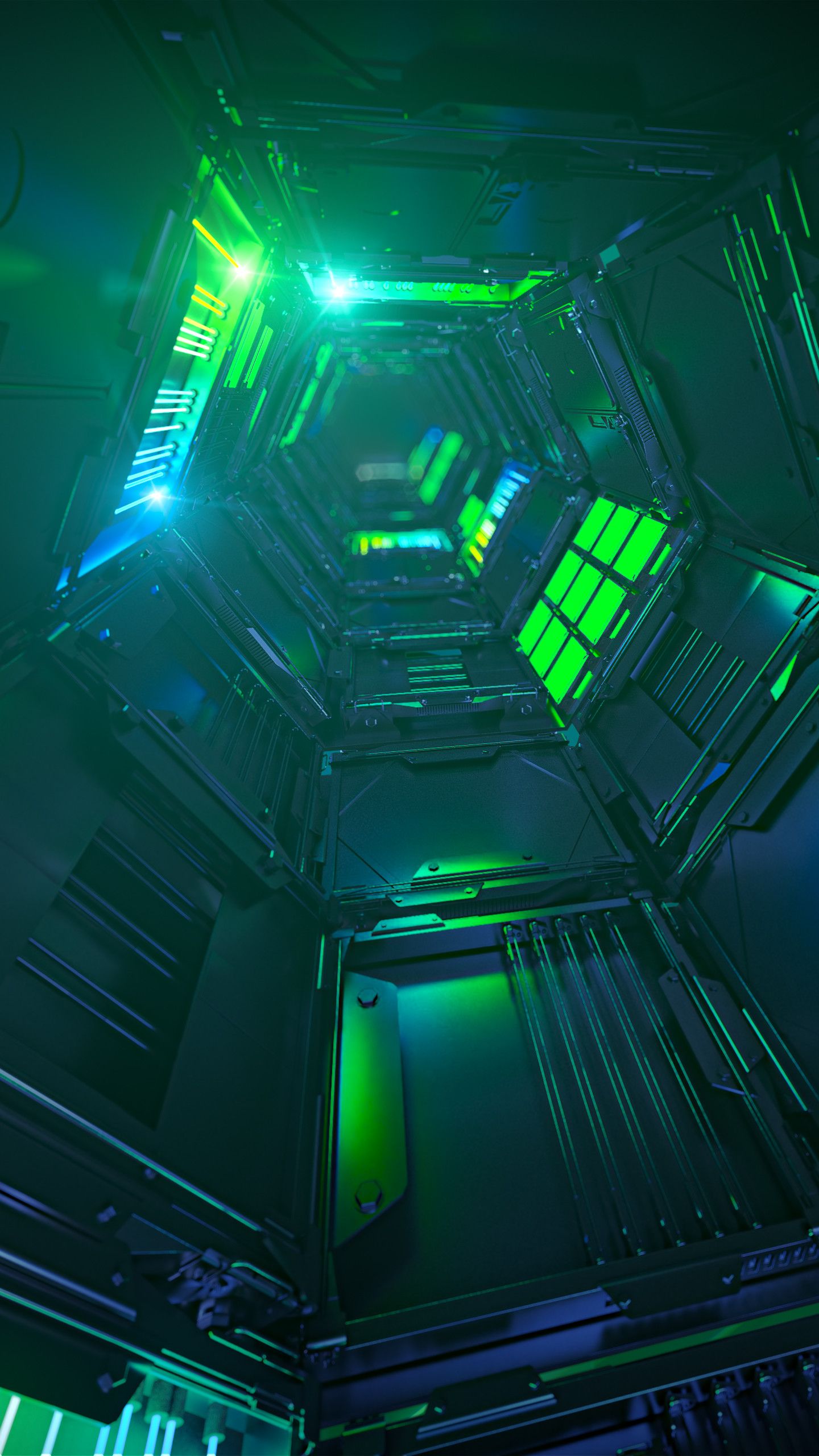 Tunnel esagonale verde neon, 1440x2560 Verticale, Mobile