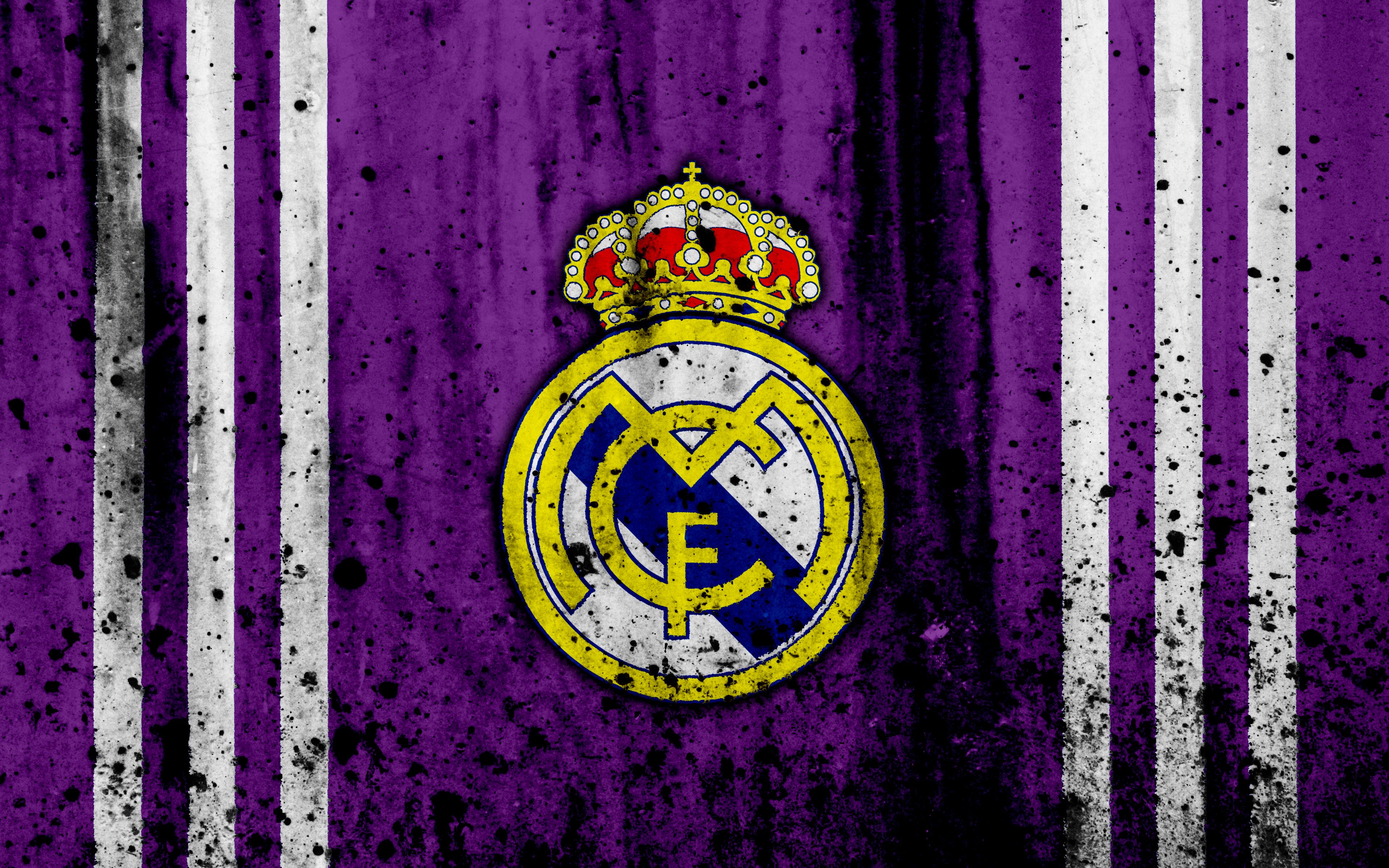 Logo Real Madrid viola grunge, Liga spagnola, 3840x2400 Ultra HD, 4K TV