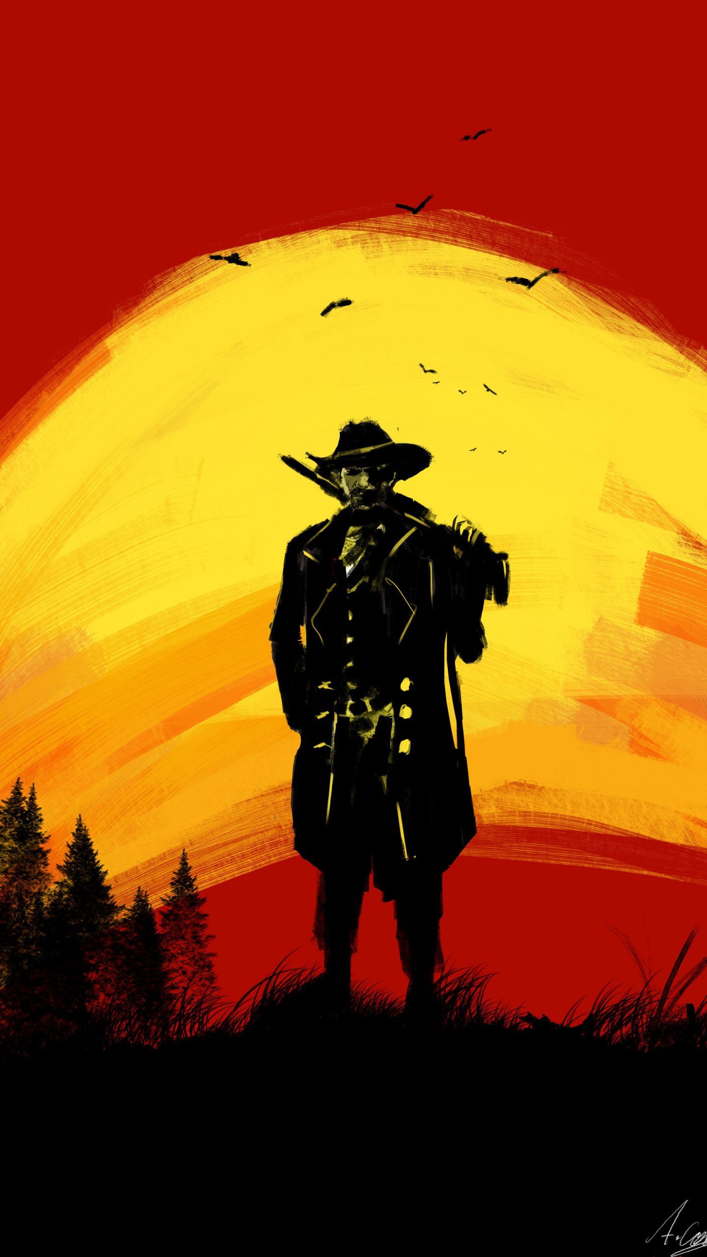 Cowboy silhouette tramonto Red Dead, 1440x2560 Full HD Verticale, Smartphone
