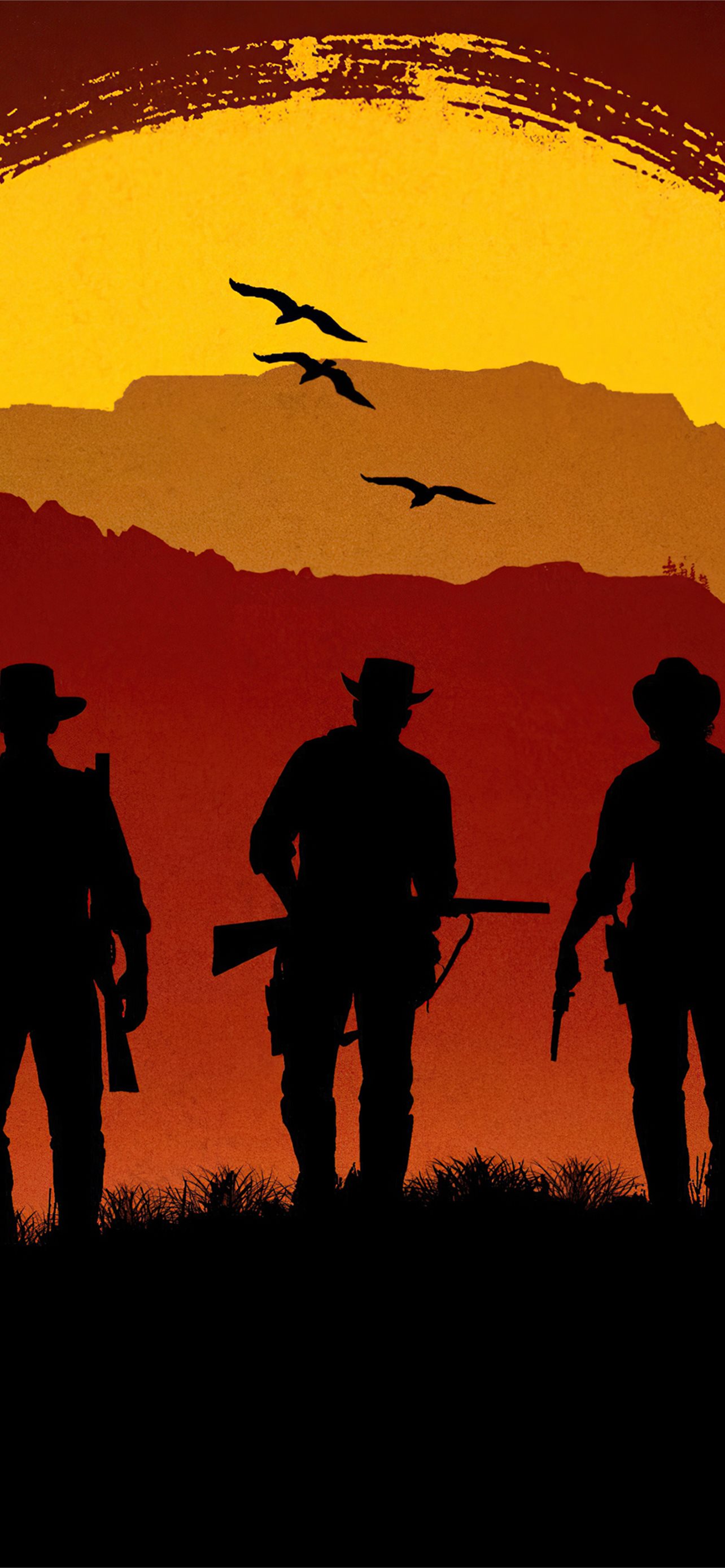 Cowboy silhouette tramonto Red Dead, 1284x2778 Verticale, Telefono