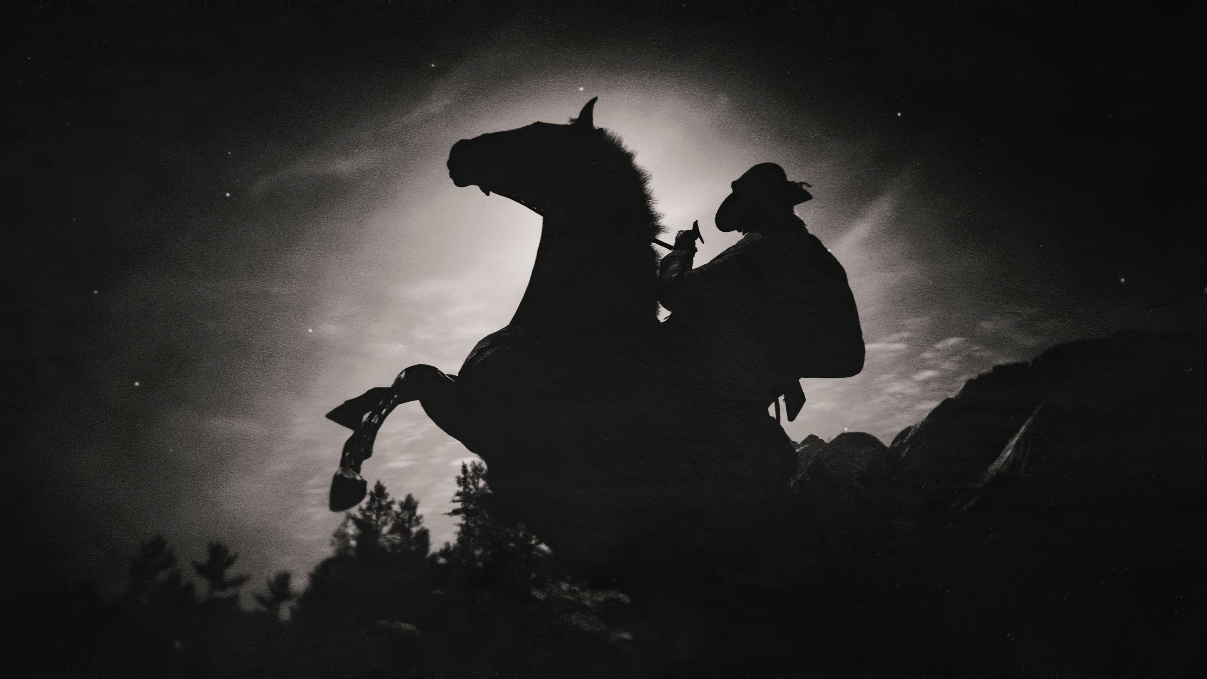 Cowboy a cavallo, silhouette, 3840x2160 4K, Desktop 4K