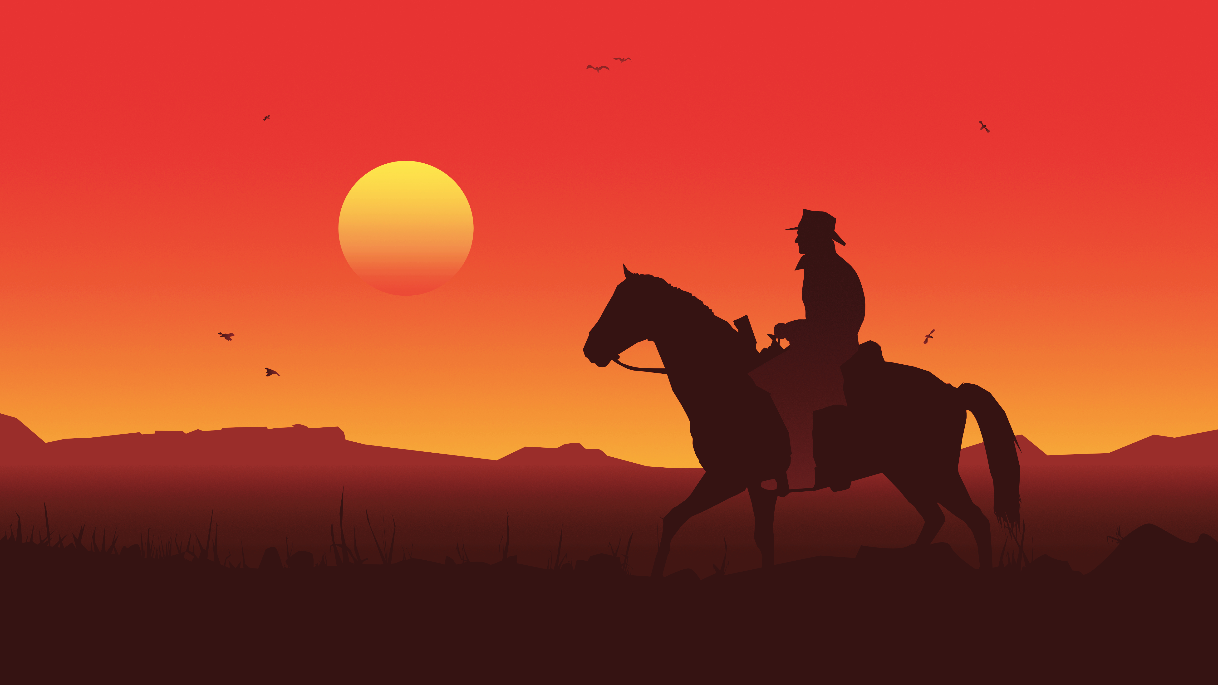 Cowboy a cavallo tramonto, 5120x2880 Ultra HD, Monitor 4K