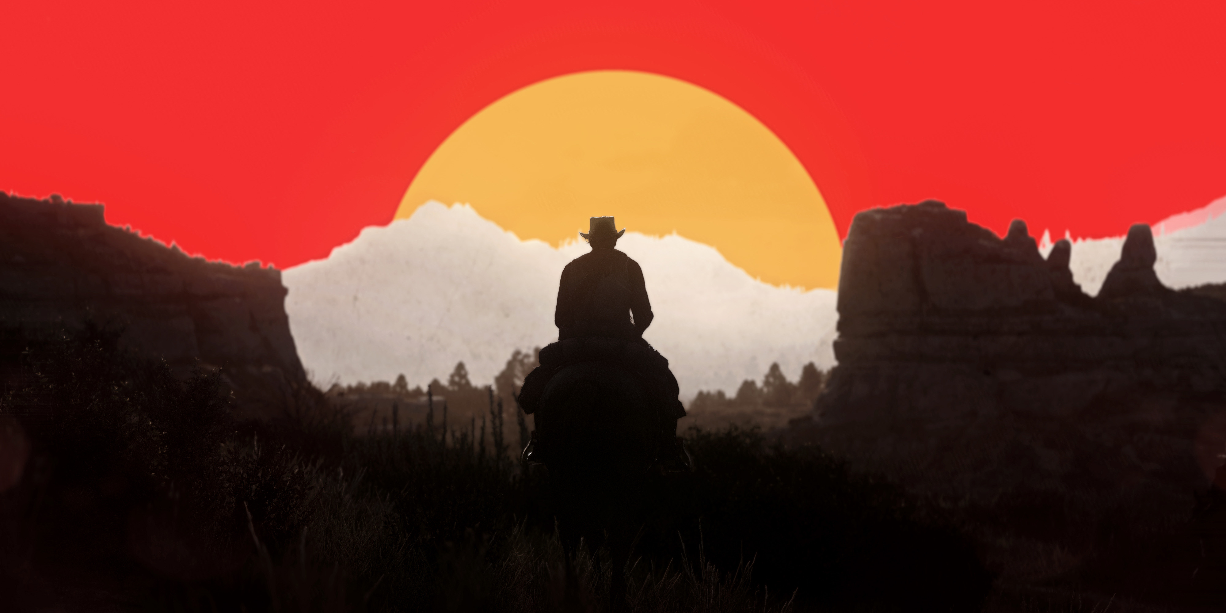 Cowboy a cavallo, tramonto rosso, 4000x2000 UHD, PC 4K