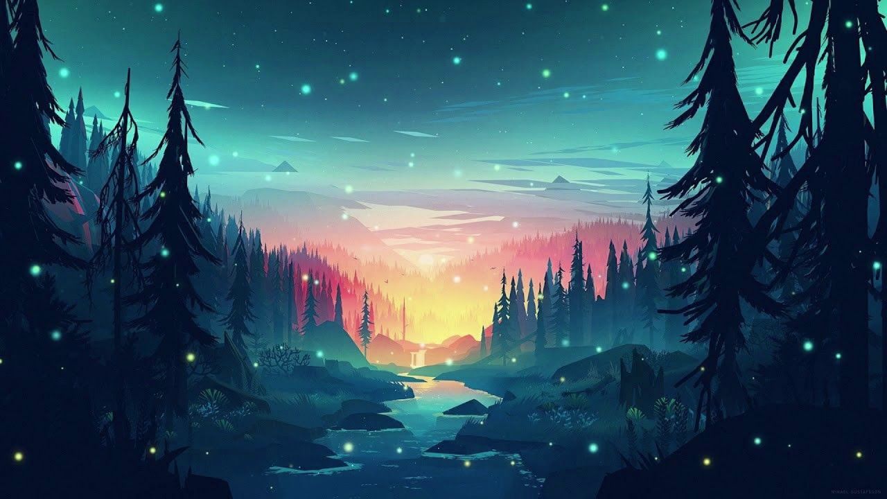 foresta fiume notte lucciole illustrazione, 1280x720 HD, Desktop