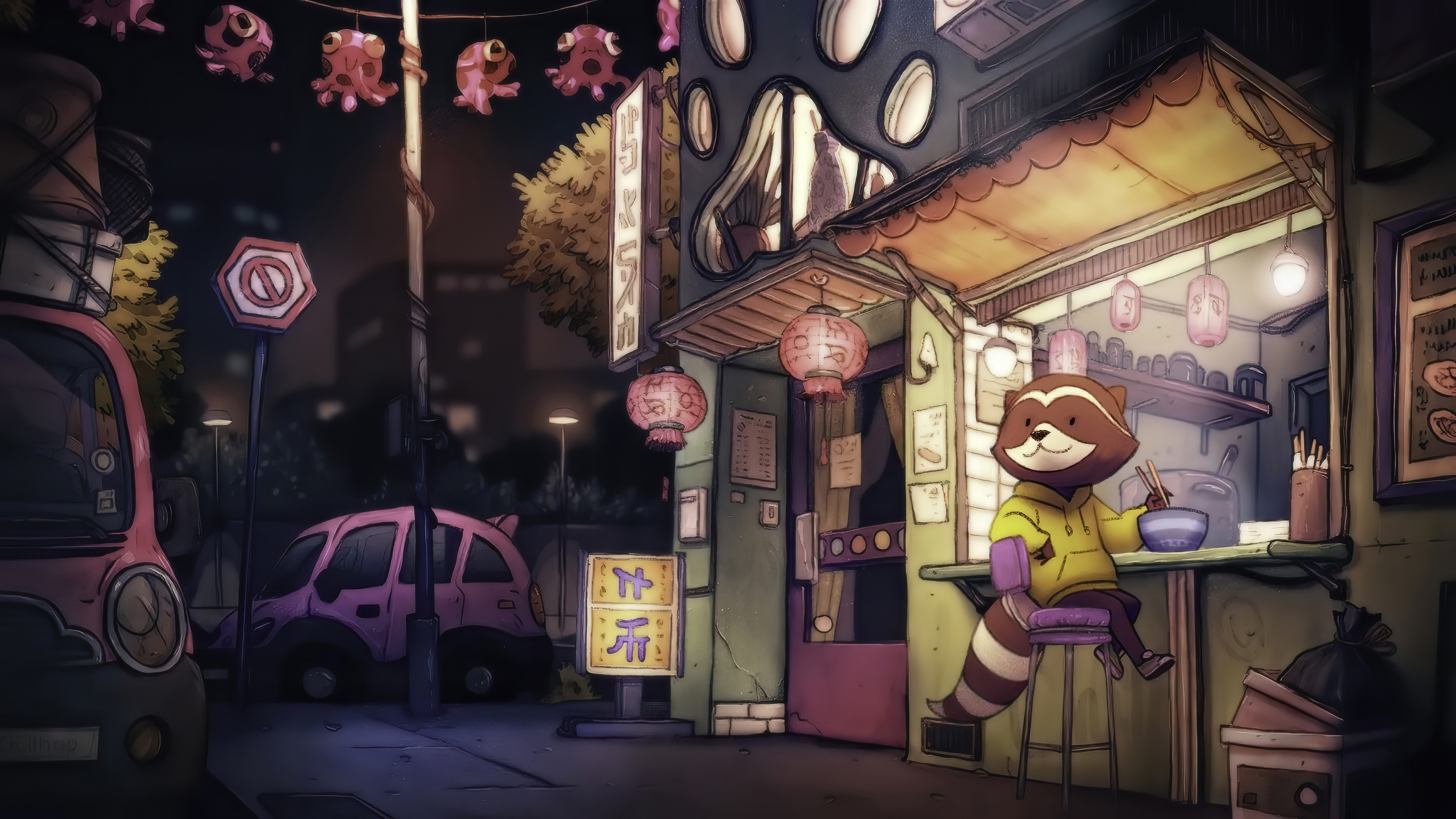 vicolo notturno procione illustrazione, 3840x2160 Ultra HD, Monitor 4K