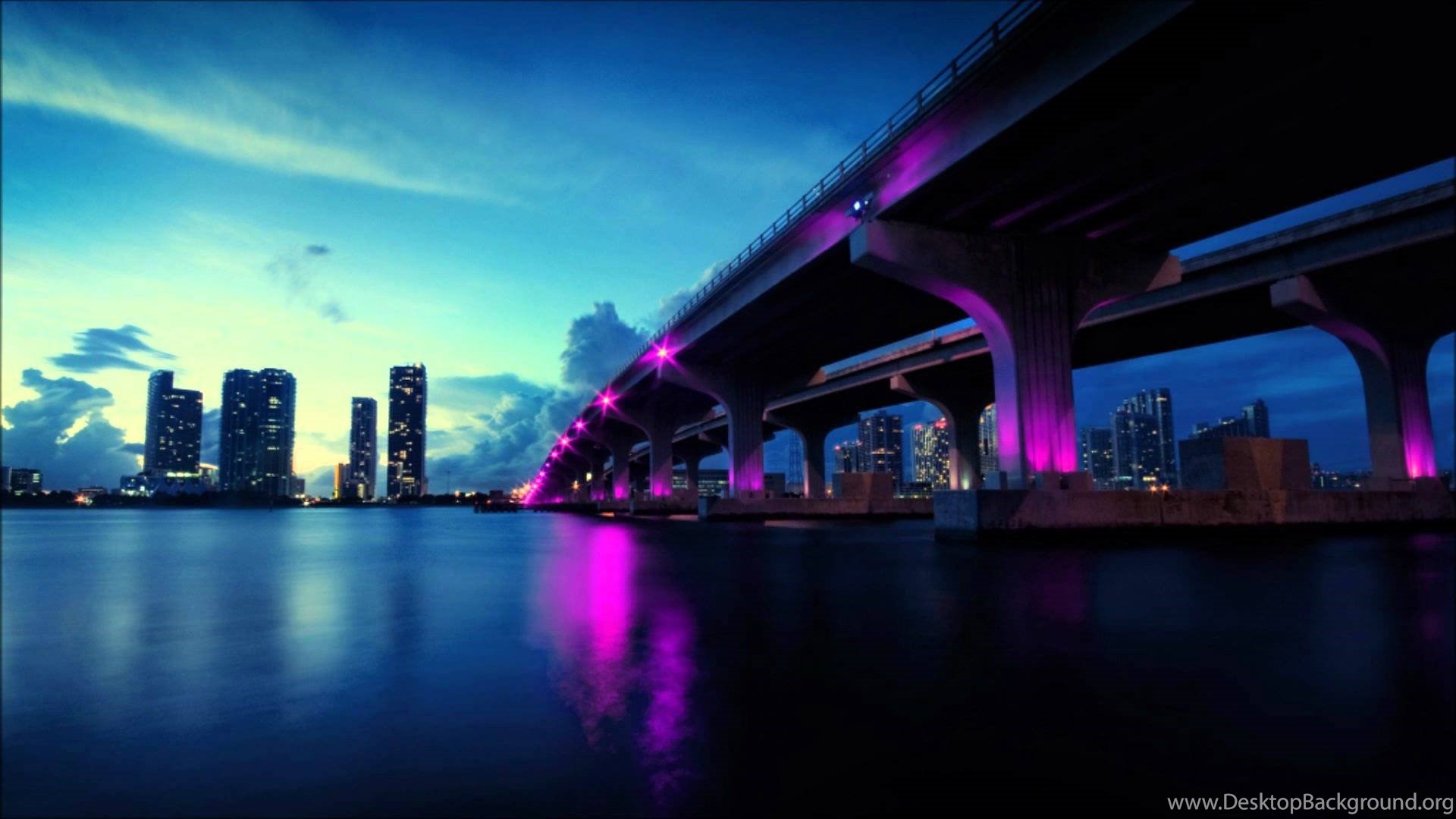 ponte citta notturna luci viola, 1920x1080 Full HD, PC