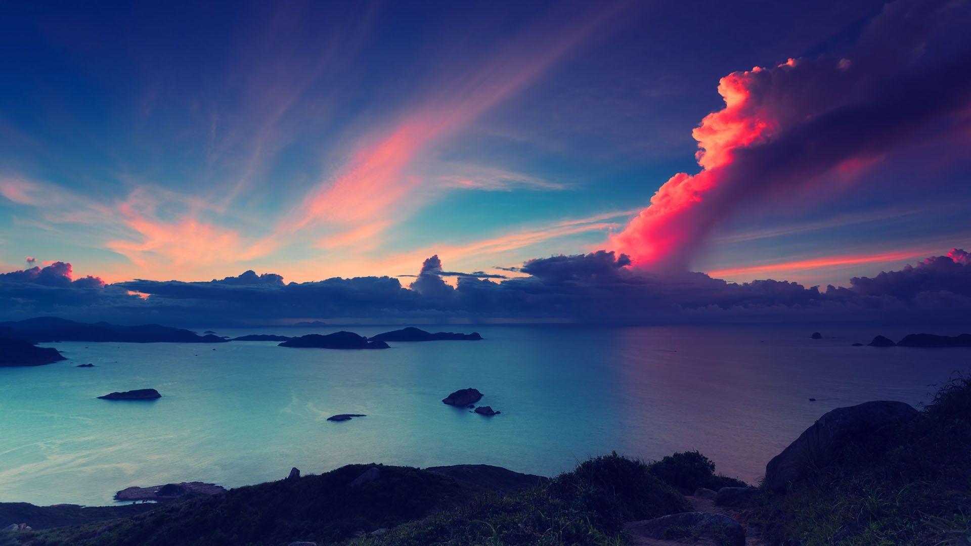mare isole tramonto nuvole rosa, 1920x1080 Full HD 1080p, PC