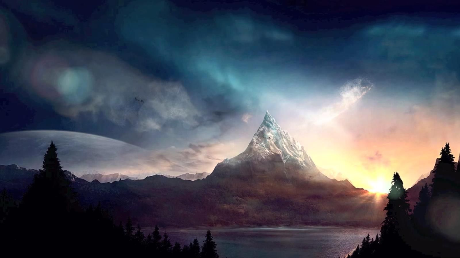Montagna al tramonto, lago, 1600x900 HD, Laptop