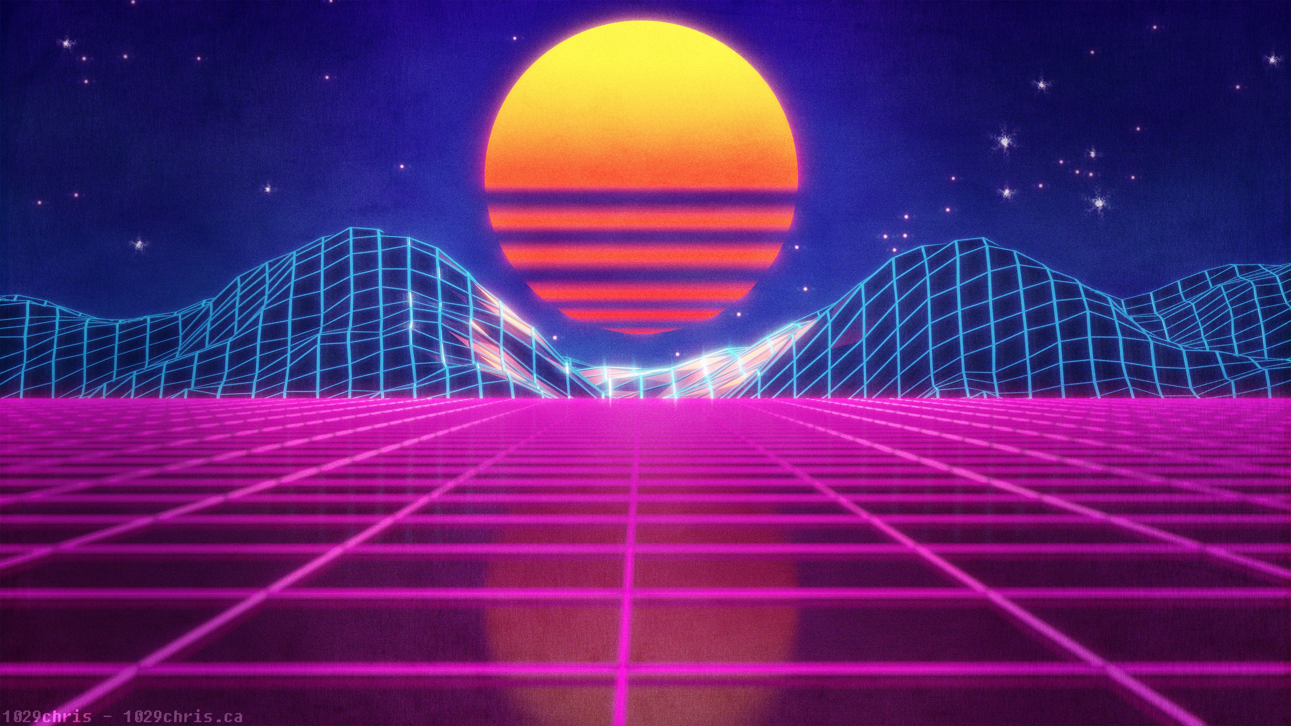 Sole retrowave griglia neon, 4320x2430 Ultra HD, 4K TV