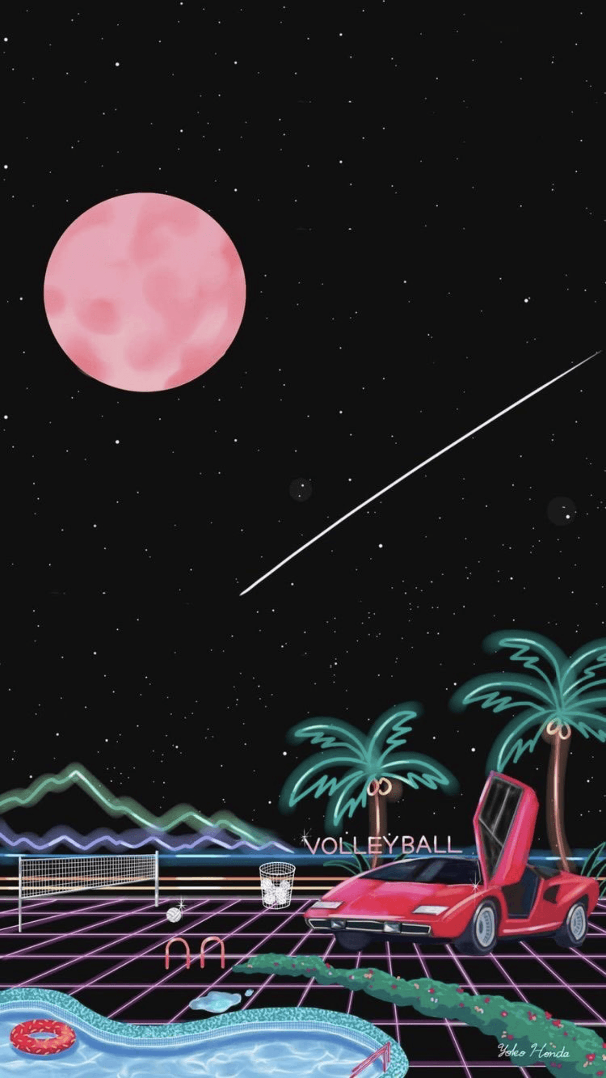 Auto retrowave con luna rosa, 1242x2208 Verticale, Telefono
