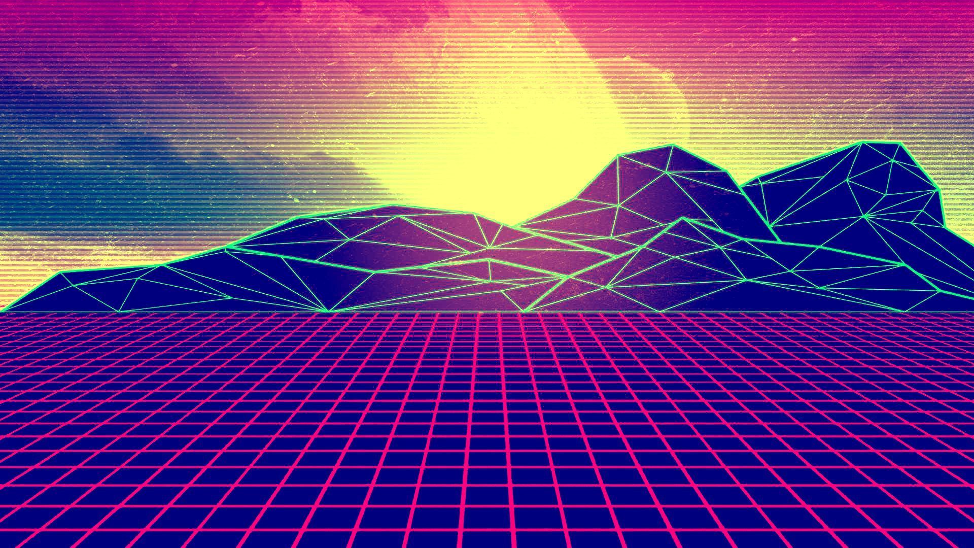 Griglia neon vaporwave montagne, 1920x1080 Full HD, PC