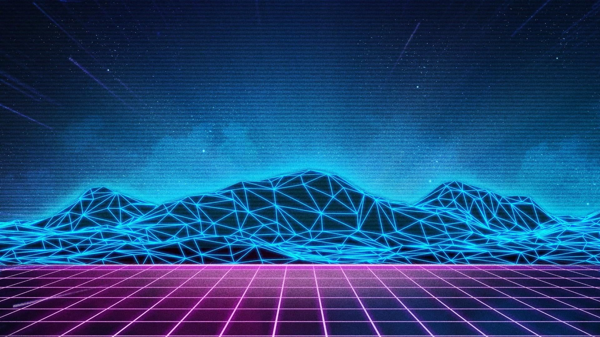 Griglia retrowave e montagne wireframe, 1920x1080 Full HD 1080p, PC Desktop