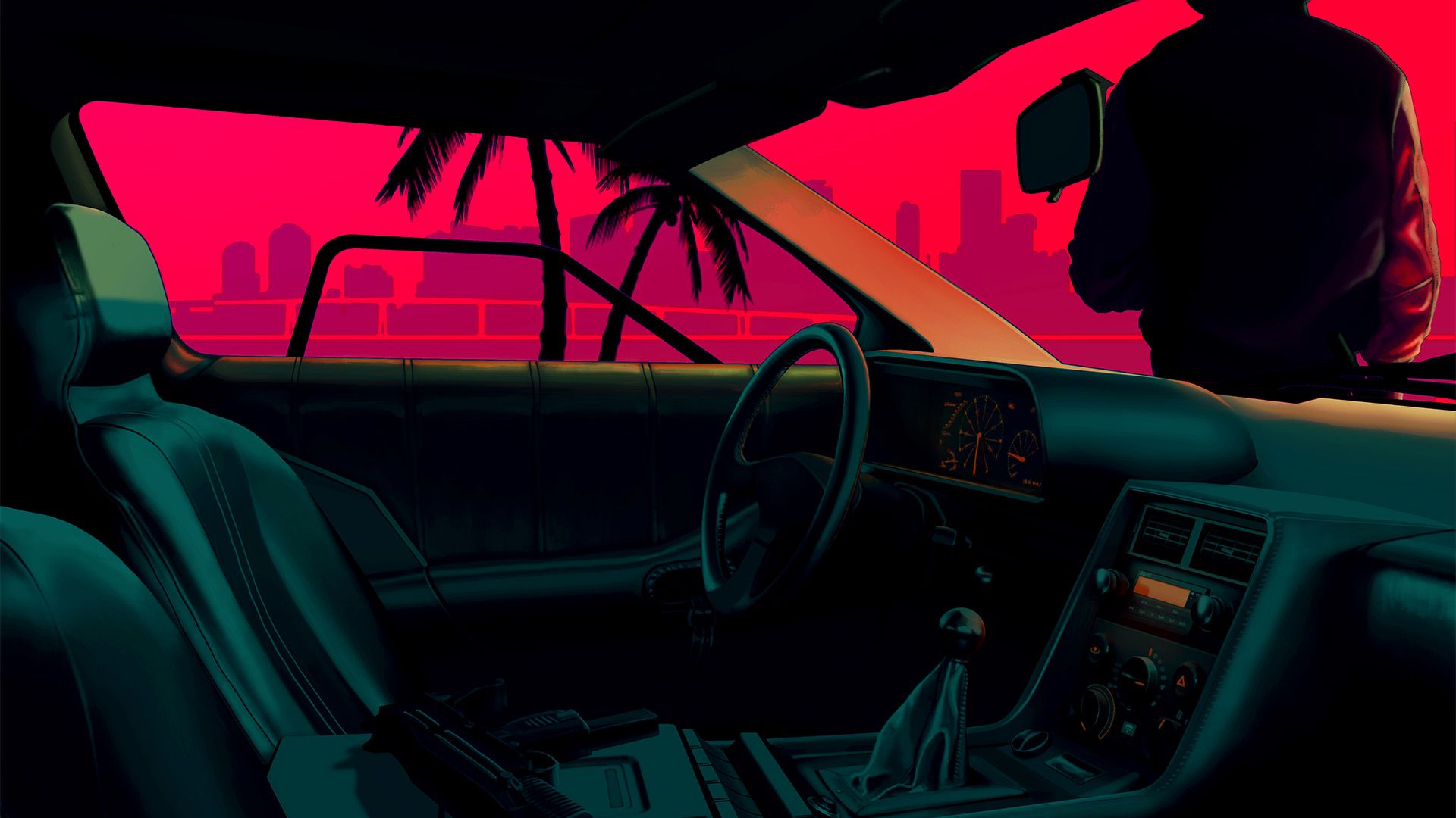 Auto retrò, skyline rosa tramonto, 1920x1080 Full HD, Desktop