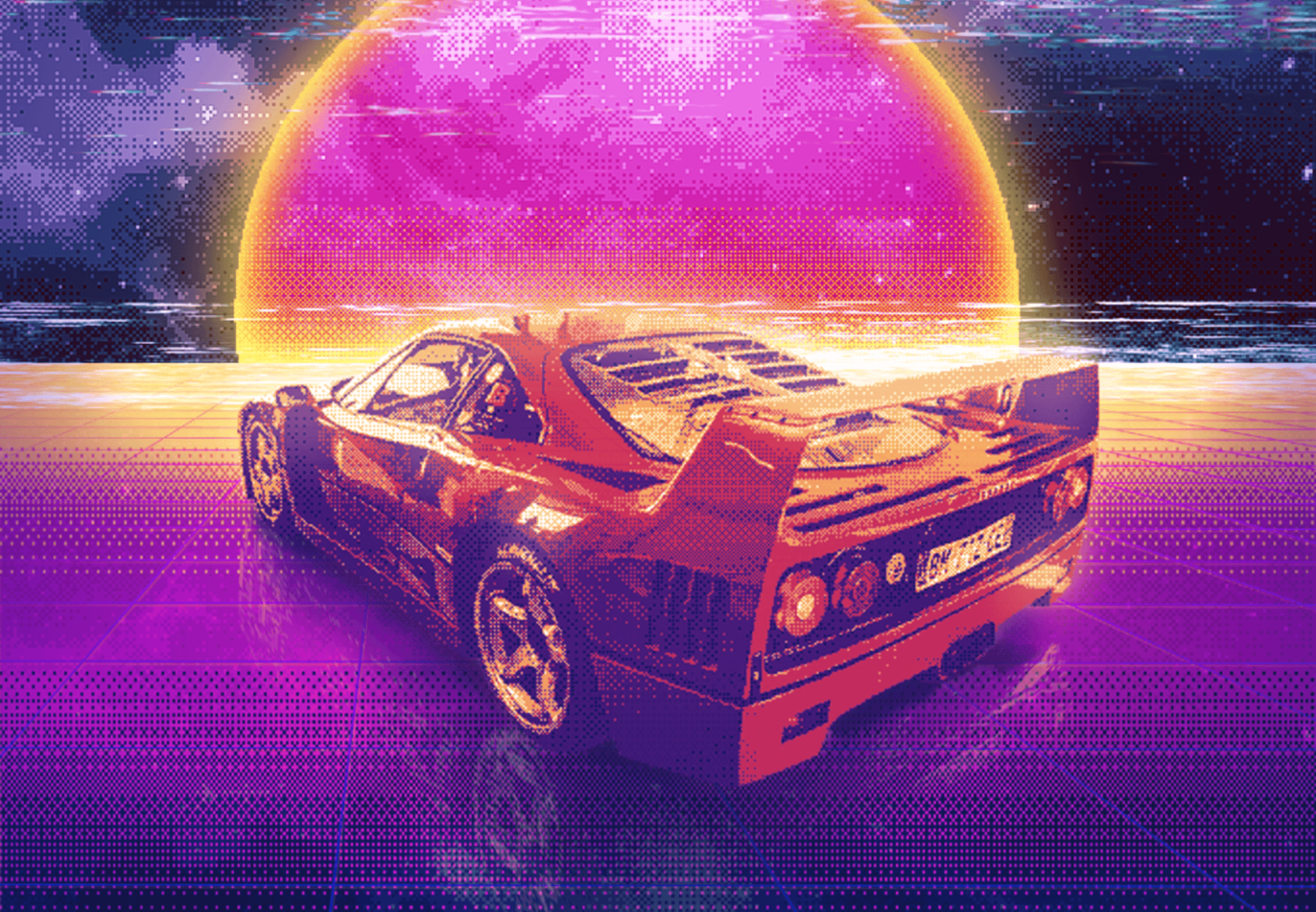Auto sportiva retrowave tramonto, 2000x1386 alta risoluzione, PC