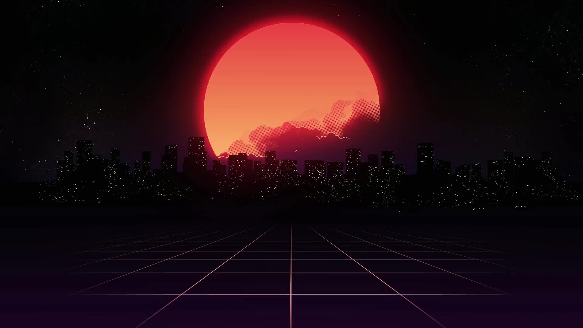 Sole synthwave skyline notturno, 1920x1080 Full HD, PC