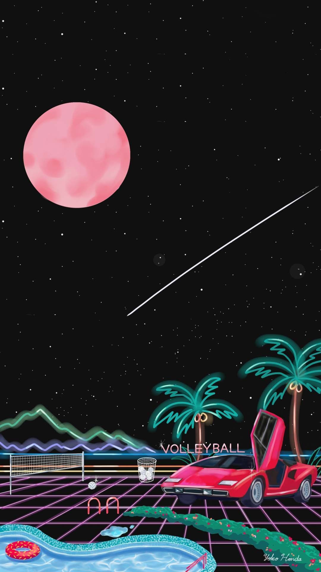 Auto retrowave con luna rosa, 1080x1920 Full HD Verticale, iPhone Air