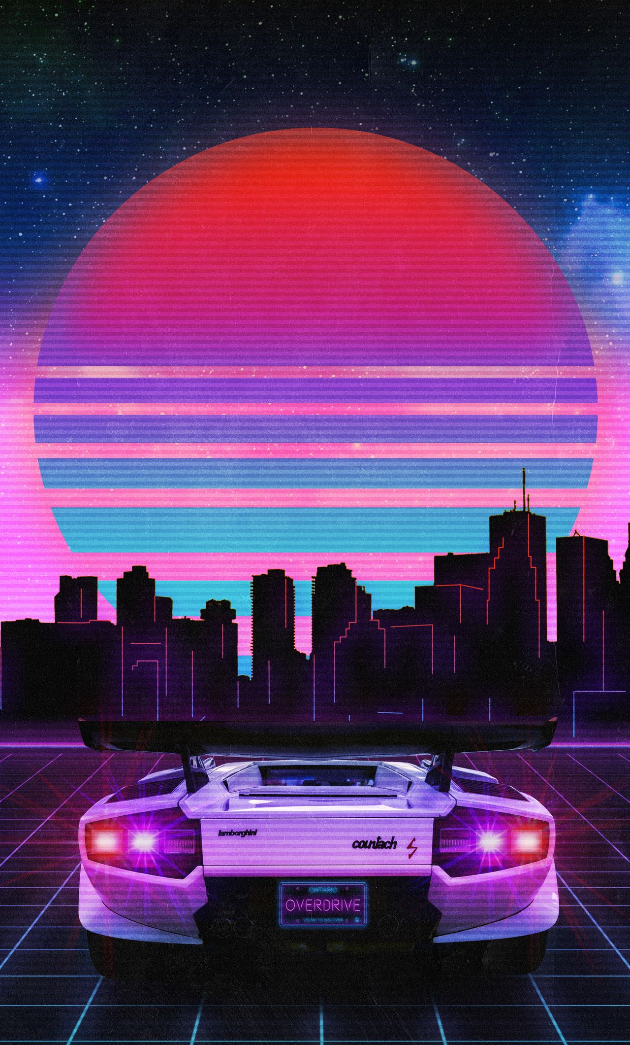 Lamborghini retrowave città neon, supercar italiana, 1280x2120 Verticale, iPhone Plus