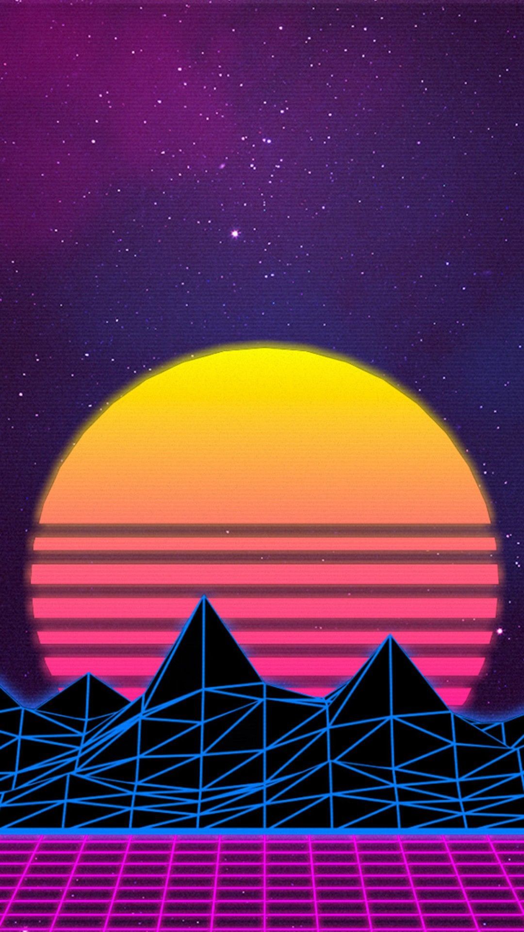 Sole retrowave montagne griglia neon, 1080x1920 Full HD Verticale, iPhone Pro