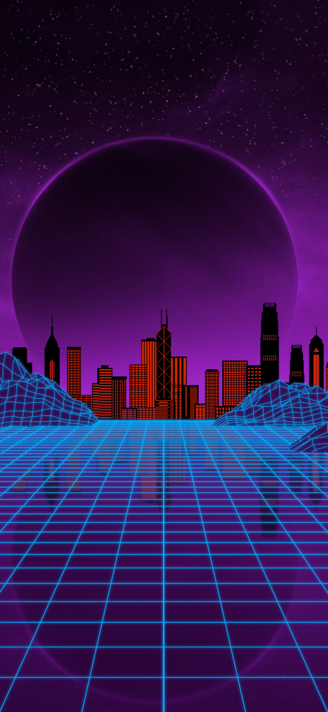 Skyline retrowave con griglia neon, 1125x2436 Verticale, iPhone
