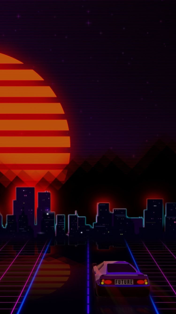 Città retrowave con auto e sole, 750x1334 Full HD Verticale, iPhone Air
