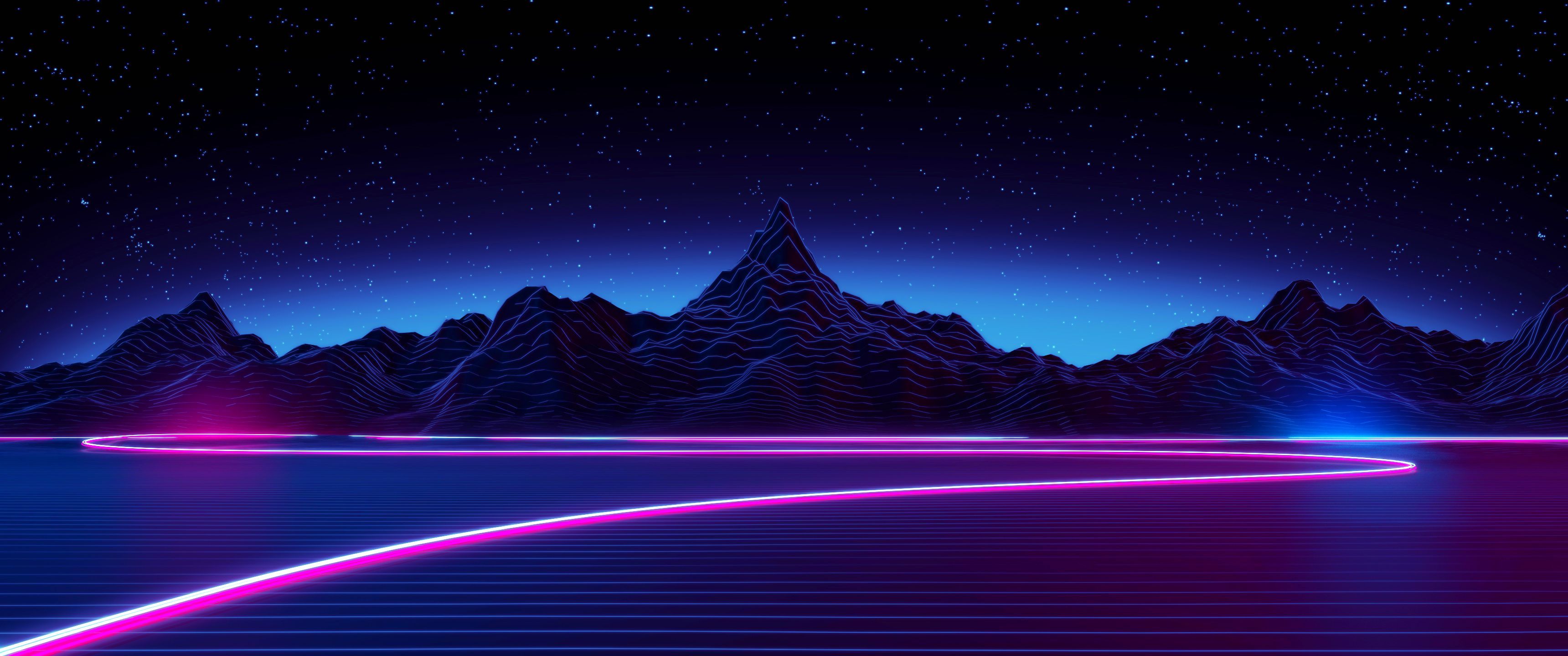 Montagne synthwave neon notturno, 3440x1440 Panoramico, Monitor Gaming