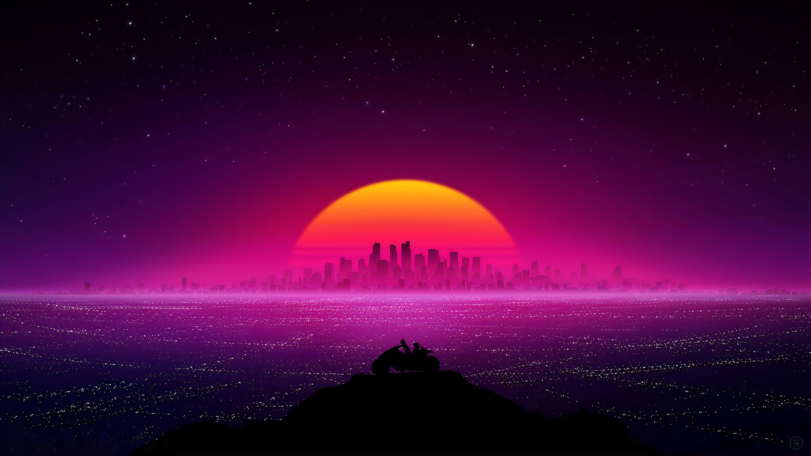 Città retrowave con tramonto, 2578x1450 2K, Desktop