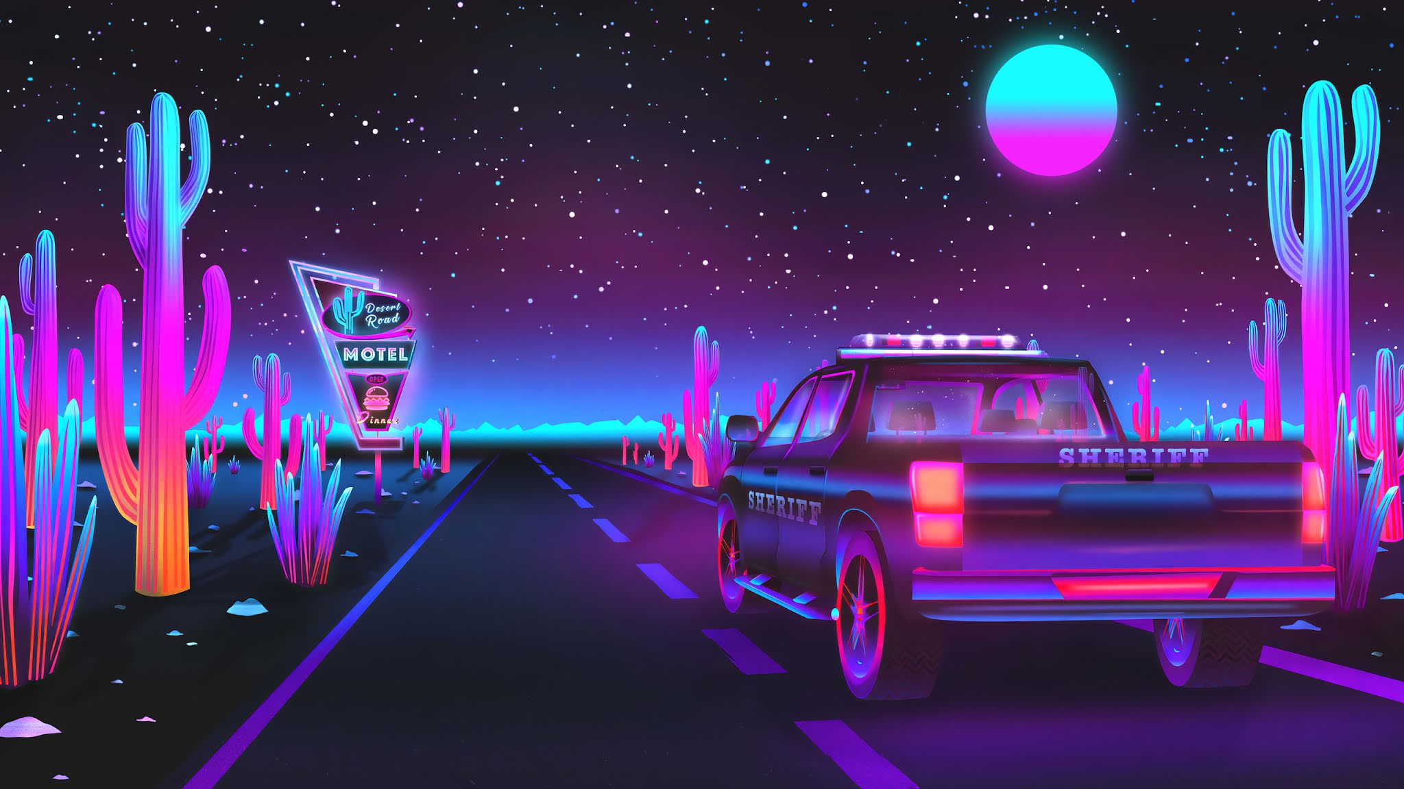 Auto sceriffo strada retrowave neon, 2048x1152 2K, iMac