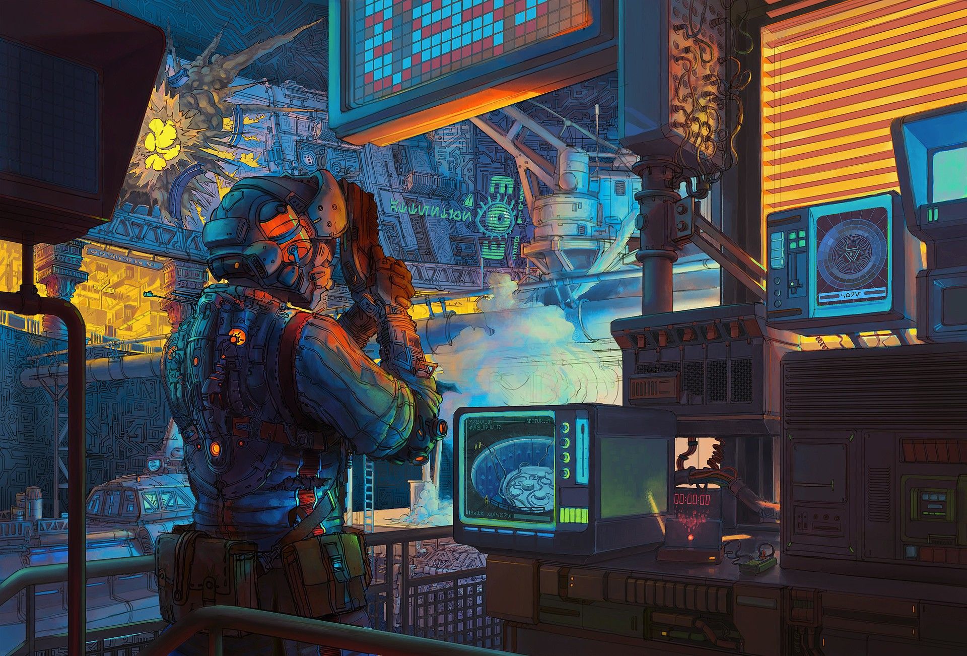 scena cyberpunk con monitor retrò, 1920x1302 Full HD+, Desktop