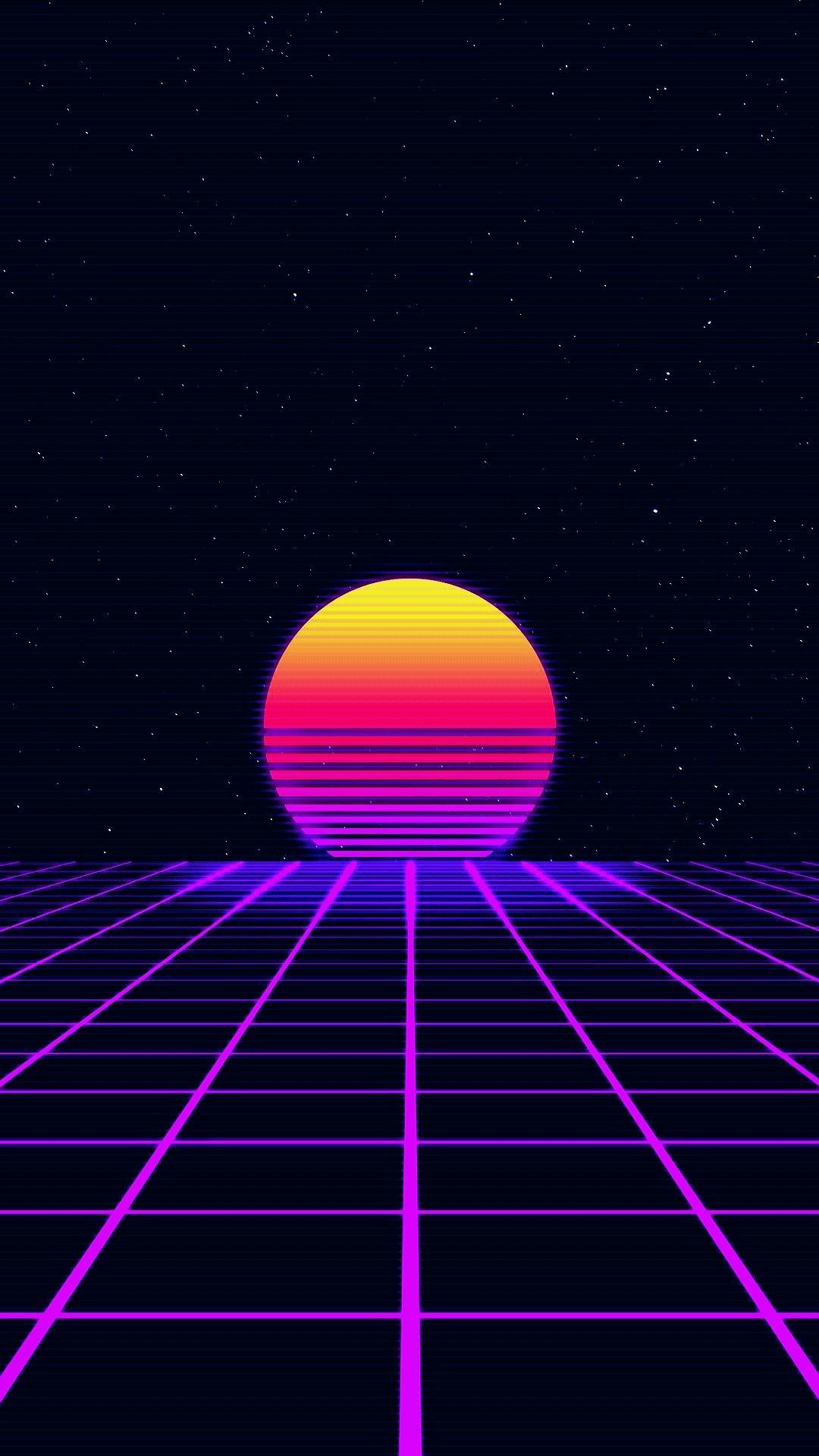 Sole retrowave griglia neon, 1080x1920 Full HD Verticale, Smartphone