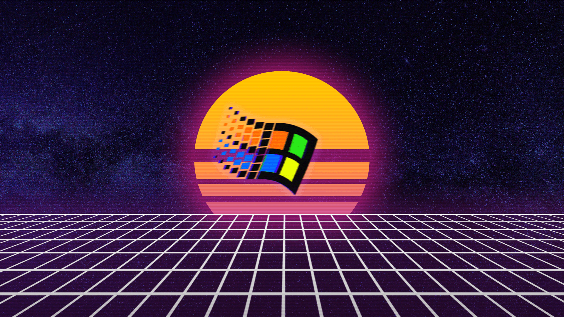 Logo Windows retrowave tramonto griglia, 1920x1080 1080p, PC Desktop