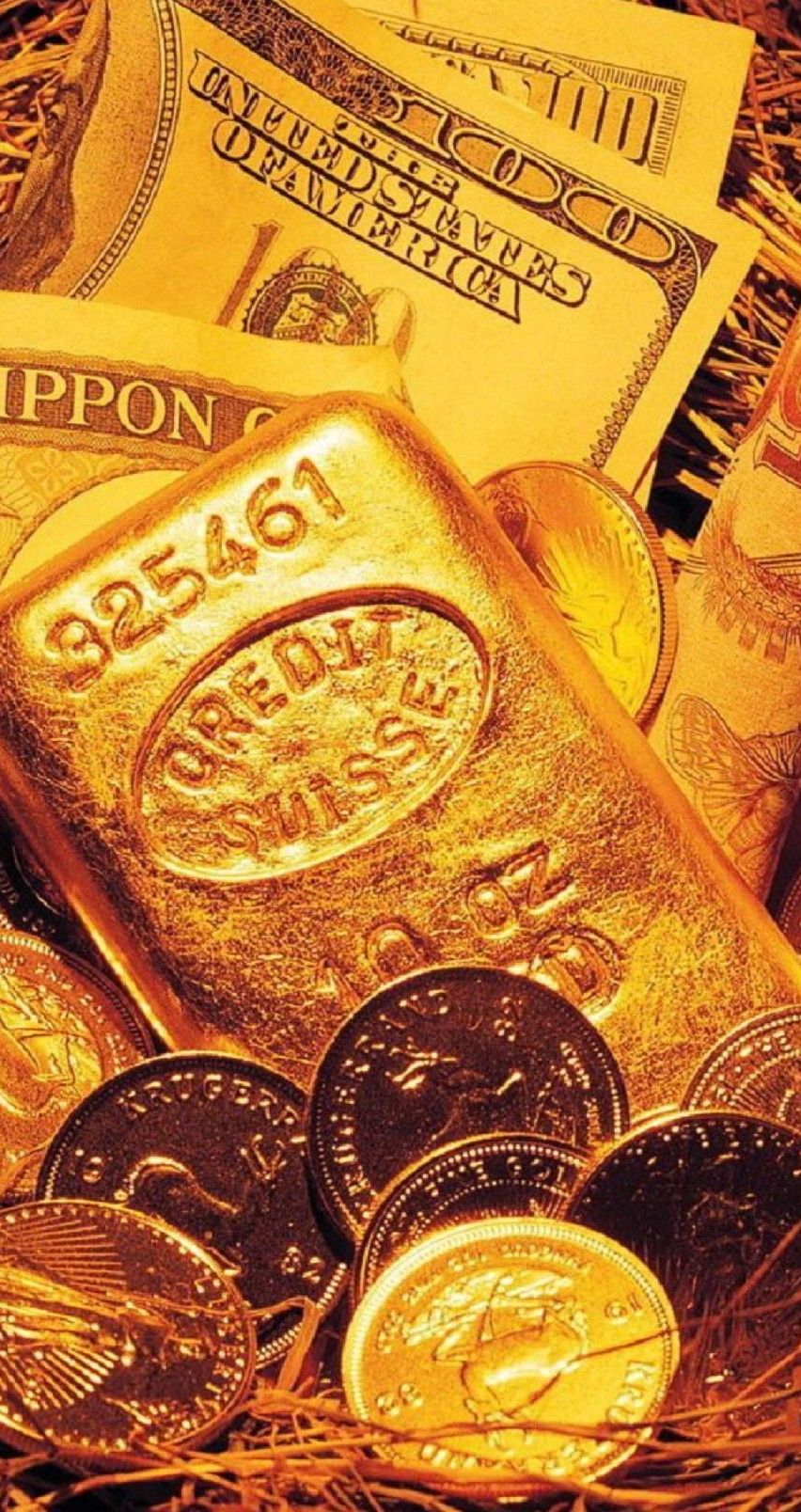 Lingotti oro e banconote dollari, 852x1608 Full HD Verticale, iPhone Pro